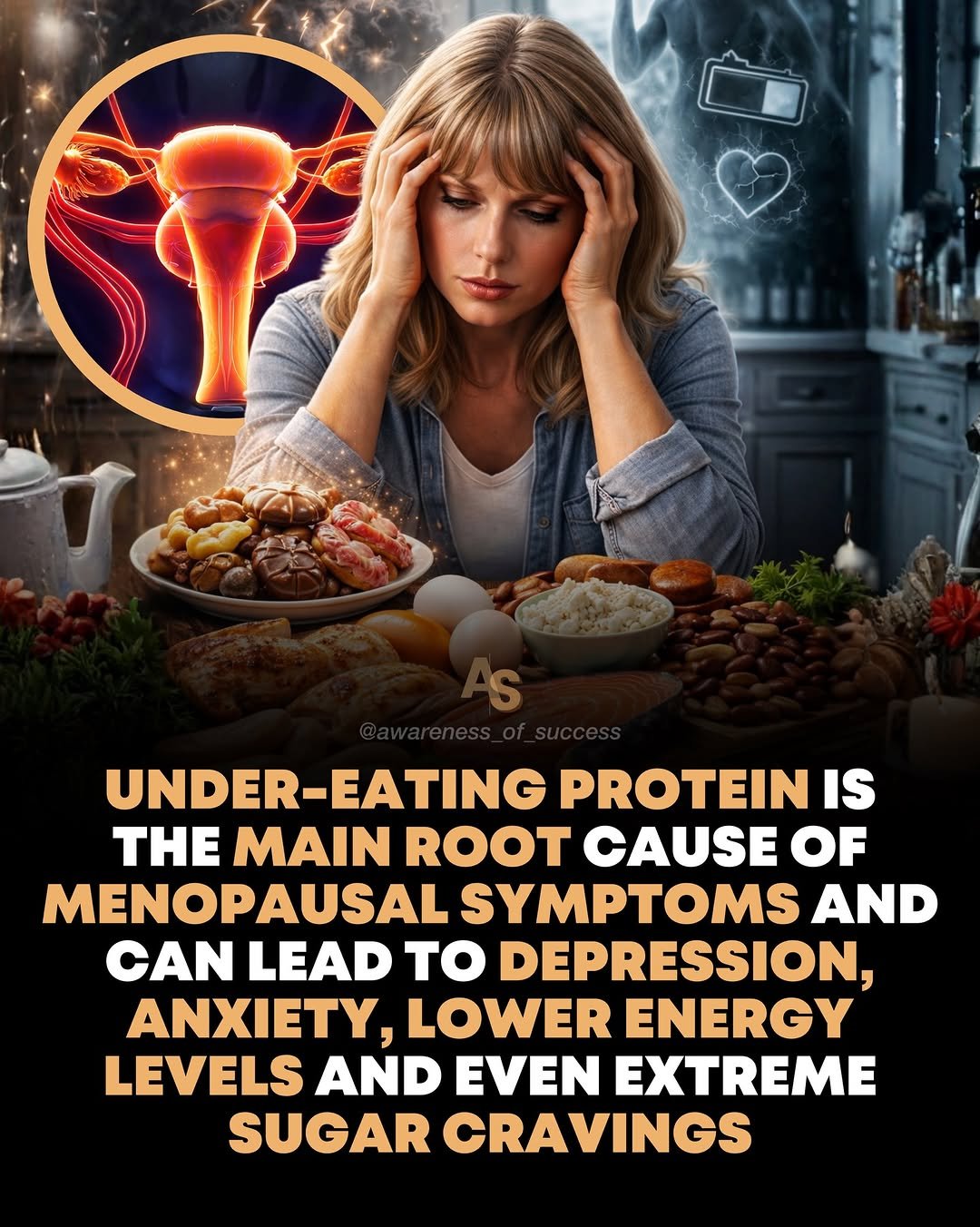 Photo by Awareness • Mindset • Success • AI • Tech on March 04, 2026. May be an image of text that says 'UNDER-EATING PROTEIN IS THE MAIN ROOT CAUSE OF MENOPAUSAL SYMPTOMS AND CAN LEAD to DEPRESSION, ANXIETY, LOWER ENERGY LEVELS AND N EXTREME SUGAR CRAVINGS'.