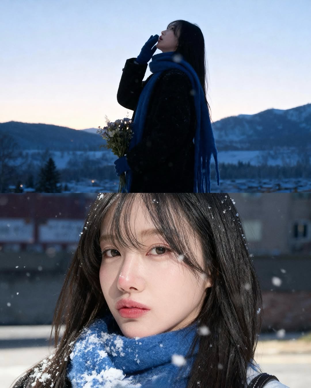 Photo by 변민서 on October 31, 2025. May be an image of one or more people, hair, duffle coat, goosedown coat, turtleneck, parka, outdoors and text.