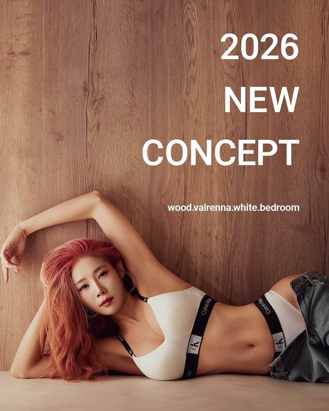 Photo shared by 바바라스튜디오 공식 인스타그램 on November 07, 2025 tagging @choisangwon.eye. May be an image of one or more people, hair, bra, poster, top, magazine and text that says '2026 NEW CONCEPT wood.valrenna.wnhite.bedroom'.