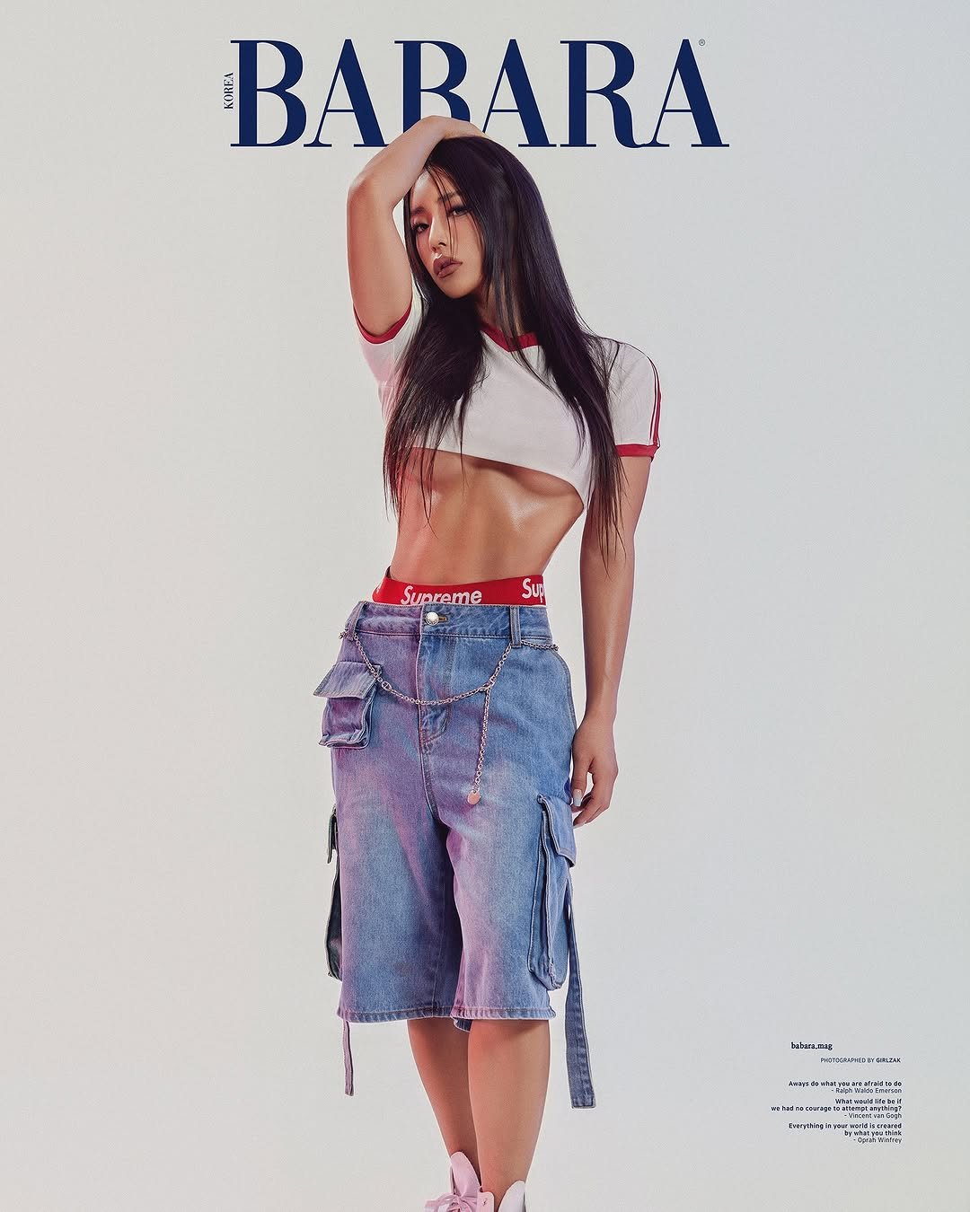 Photo shared by 바바라스튜디오 공식 인스타그램 on September 01, 2025 tagging @choisangwon.eye, @juuu__fit, and @babarastudio. May be an image of 1 person, miniskirt, poster, top, magazine and text.