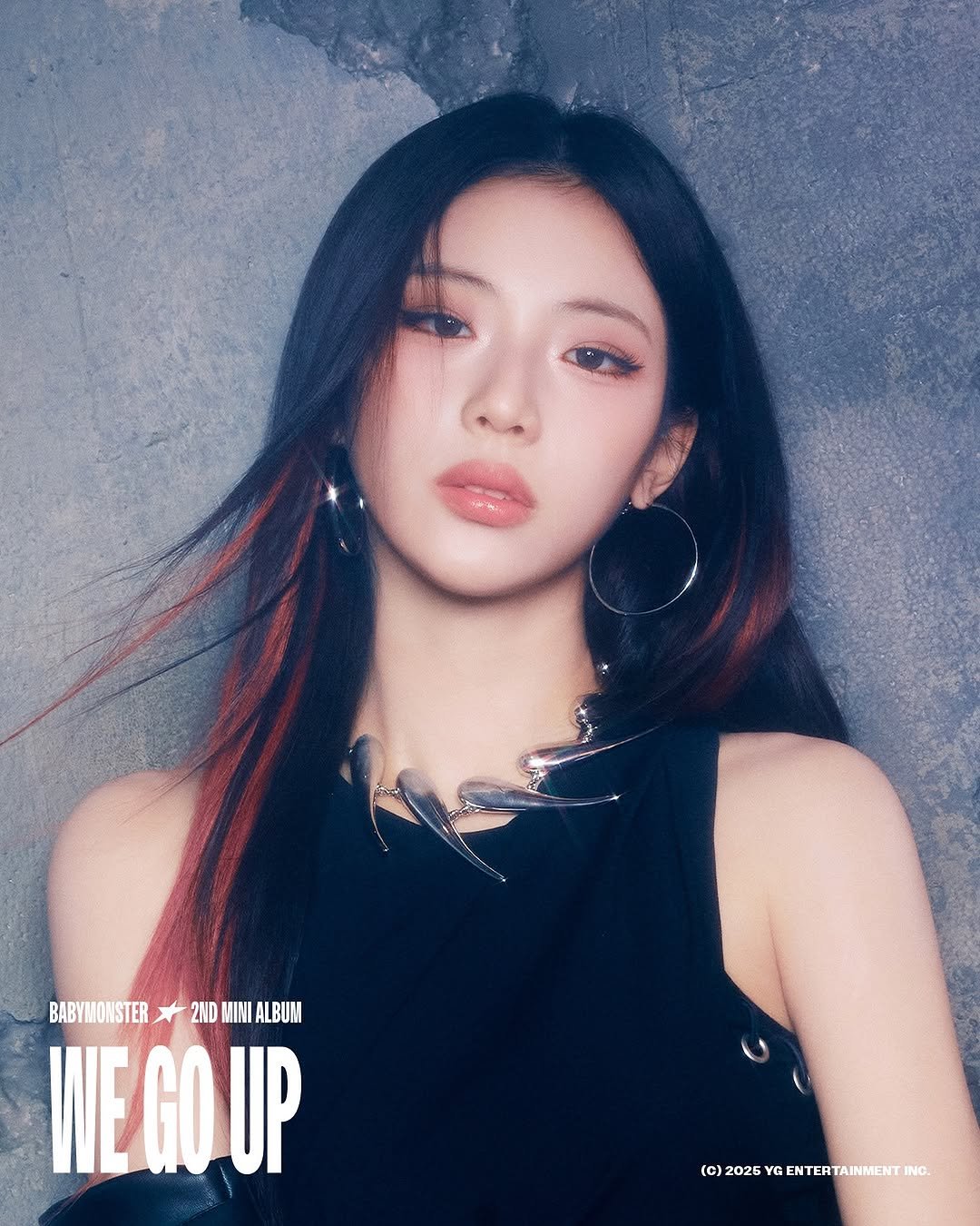 Photo by BABYMONSTER (베이비몬스터) on September 24, 2025. May be an image of 1 person, poster and text that says 'BABYMONSTER 2ND BABYIMONSTER2ADMNALBUM 2NDMINIALBUM MINI ALBUM WIEGOUP WE GO UP (0)2026YGENTERTANMENTRNO. (c) 2026 Y YG ENTERTAINMENT INO.'.