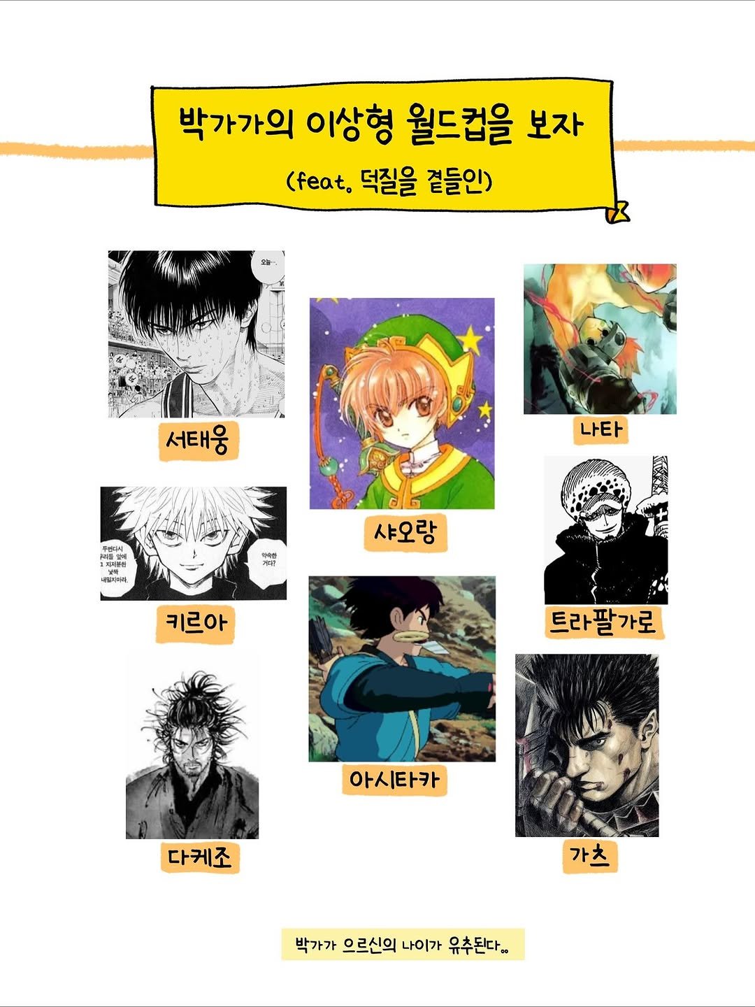 Photo by 박가가 수영일기/운동일기/아무말일기 on November 02, 2025. May be pop art of poster and text that says '박가가의 이상형 월드컵을 보자 (feat. 덕질을 곁들인)> 오늘이 서태웅 나타 후름다이 :지사분성 데한 샤오랑 키르아 트라딸가로 아시타카 다케조 가츠 박가가 으르신의 나이가 유츠된다.'.