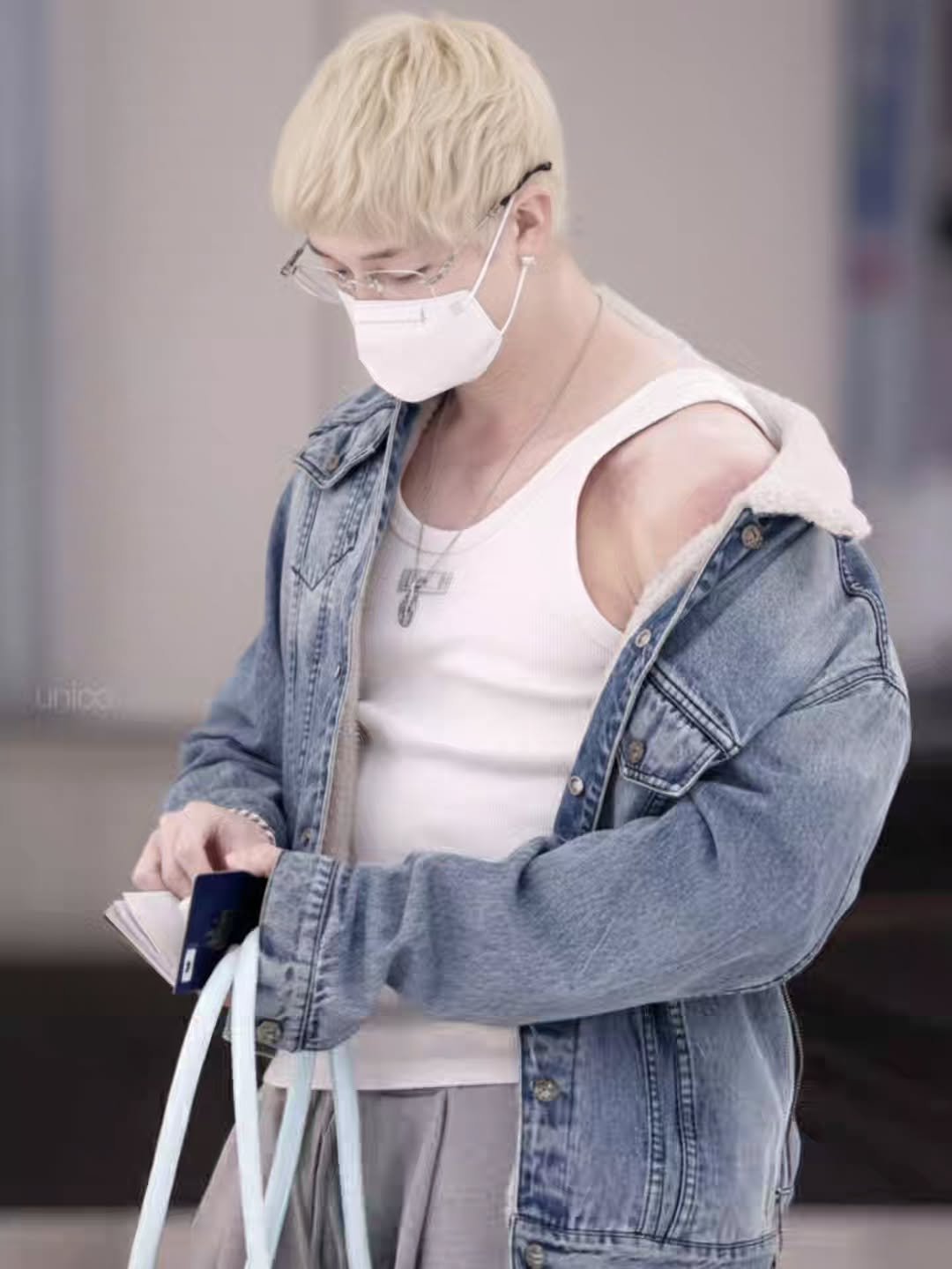 Photo by BANG CHAN - 방찬 on December 29, 2025. May be an image of one or more people, bangs, blonde hair, top and text.