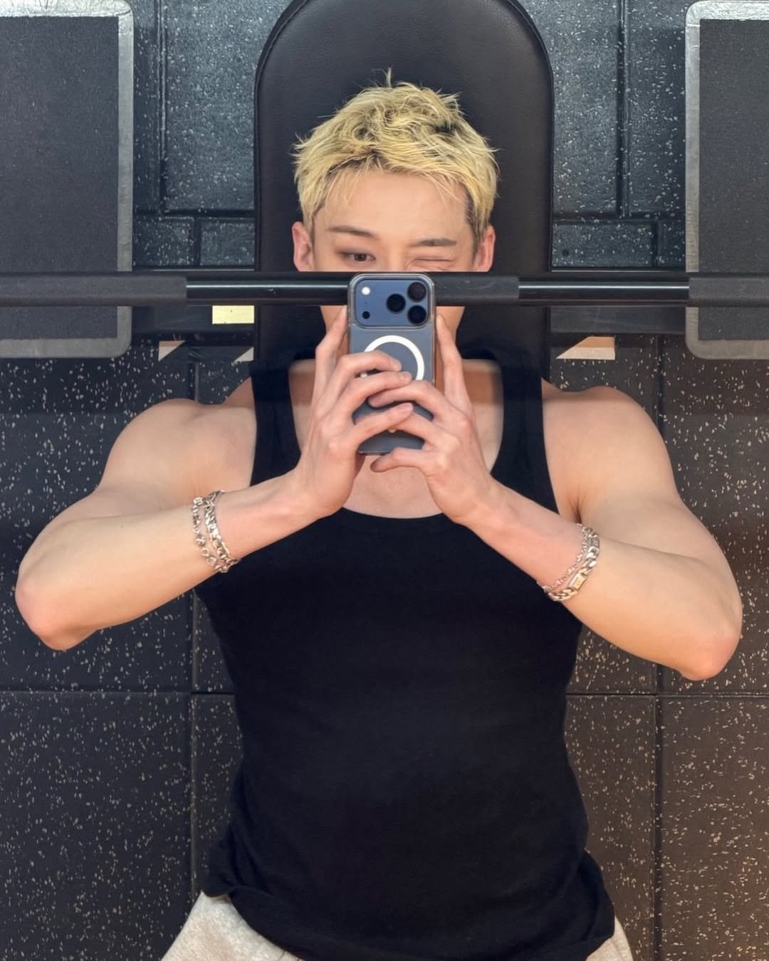 Photo shared by BANG CHAN 방찬 팬페이지 on February 20, 2026 tagging @jypstraykids, and @bangchan_jypstraykids. May be a selfie of one or more people, biceps, hair, mirror and text.