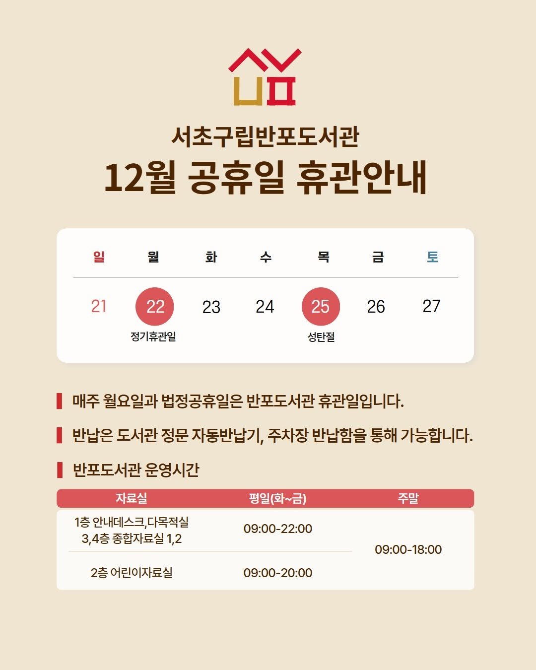 Photo by 서초구립반포도서관 on December 23, 2025. May be an image of poster and text that says 'ዐ 서초구립반포도서관 12월 공휴일 휴관안내 일 월 화 수 목 21 금 22 토 23 24 정기휴관일 25 26 27 성탄절 매주 월요일과 법정공휴일은 반포도서관 휴관일입니다. 반납은 도서관 정문 자동반납기 주차장 반납함을 통해 가능합니다. 반포도서관 운영시간 자료실 1층 안내데스크,다목적실 3,4층 종합자료실 1,2 평일(화~금) 주말 09:00-22:00 2층 어린이자료실 09:00-20:00 09:00-18:00 -18：00'.