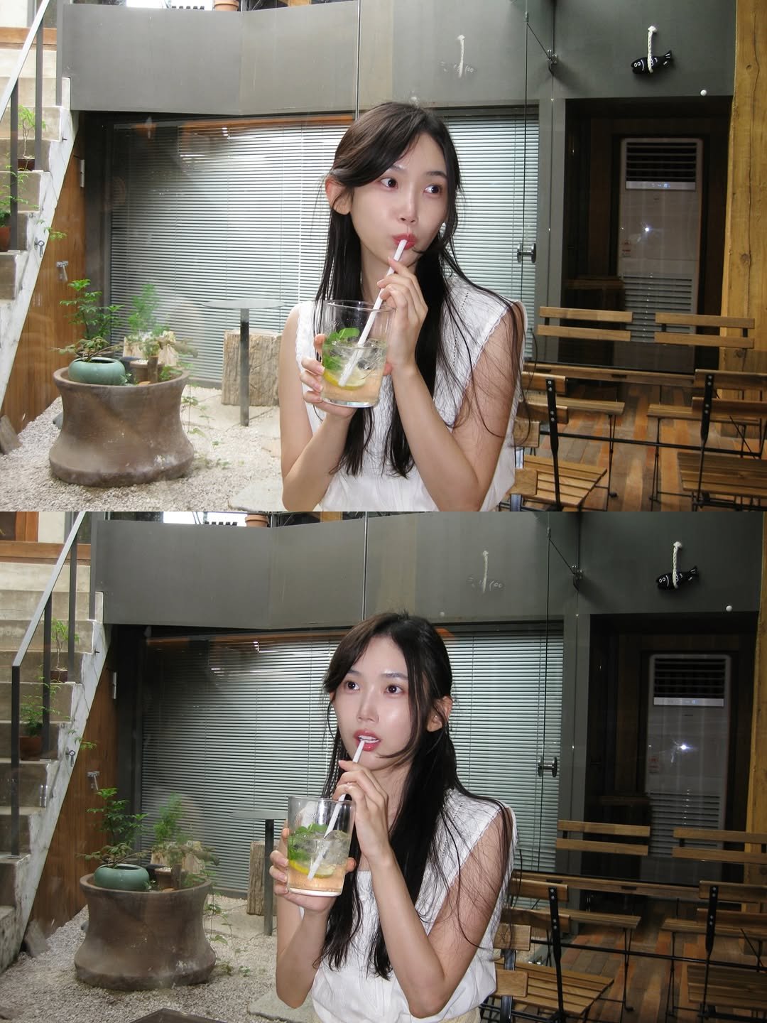 Photo by 김봄 | 프리랜서 배우&모델의 패션, 뷰티, vlog✨ on July 24, 2025. May be an image of 2 people, hair, dress, outdoors and text.