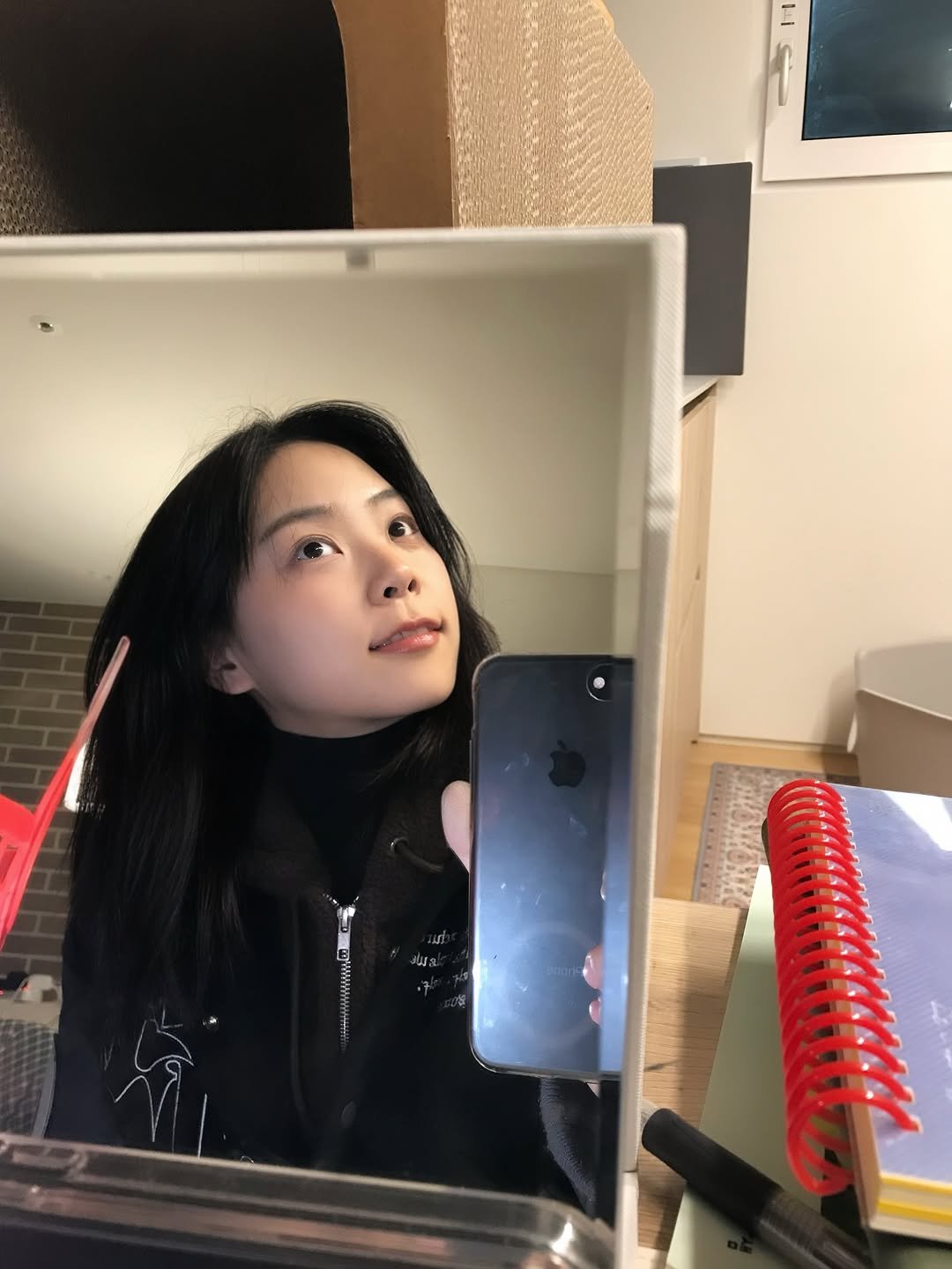 Photo by 양유진 on December 19, 2025. May be a selfie of one or more people, hair, mirror, turtleneck and text.