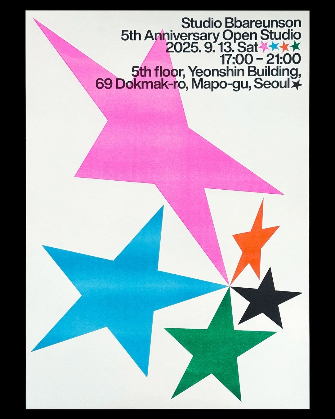 Photo by 스튜디오 빠른손 Studio Bbareunson on August 29, 2025. May be pop art of magazine, poster and text that says 'Studio Bbareunson 5th Anniversary Open Studio 2025. 13. 13.Sat Sat 17：00 -21:00 5th floor, Yeonshin Building, 69 Dokmak-ro, apo- gu, Seoul 桜'.