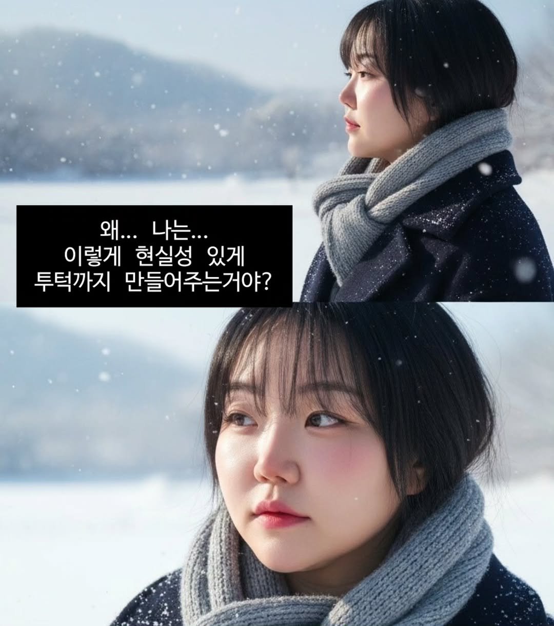 Photo by 뽀이어트 ㅣ 95kg 출신 다이어트 * 체형 꿀팁 on November 01, 2025. May be an image of one or more people, hair, duffle coat, goosedown coat, pie, parka and text that says '왜... 나는... 이렇게 현실성 있게 투턱까지 만들어주는거야?'.