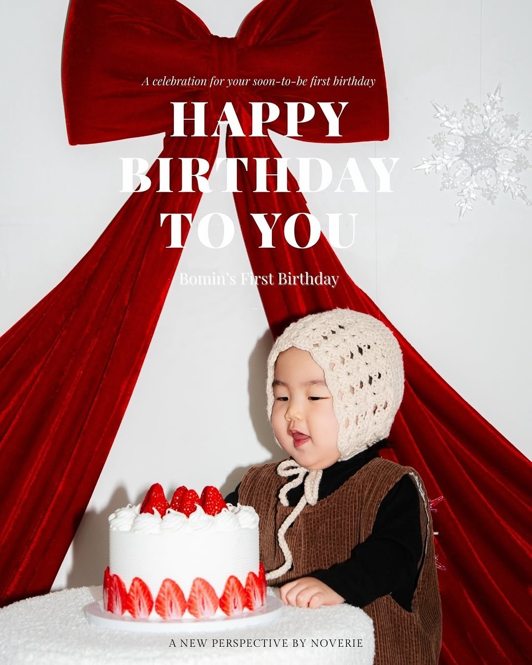 Photo shared by 💖뽀zip💖 on December 29, 2025 tagging @noverie.studio. May be an image of baby, cake, duffle coat, bow, fruitcake, magazine and text that says 'aceint.i A celebration for your soon -to-be first hirthdav HAPPY BIR BIRTHDAY HDAY TO TOYOU Bomin'sFir Bomin'sFrstBirthda First Birthday ANEWPERSPECTIVEBY.NOVERIE A NEW PERSPECTIVE BY NOVERIE'.