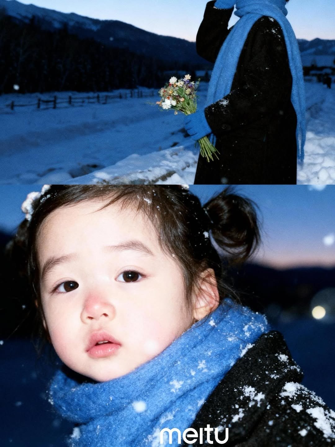 Photo by 김아인 (뽀물이 👶🏻) on October 31, 2025. May be an image of baby, goosedown coat, duffle coat, parka, snowsuit, turtleneck, snow and text.