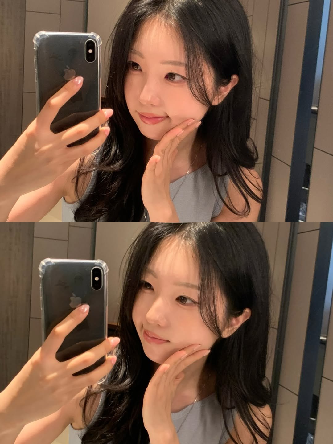 Photo by 뿅글이 on March 15, 2026. May be a selfie of one or more people, hair, mirror and text.