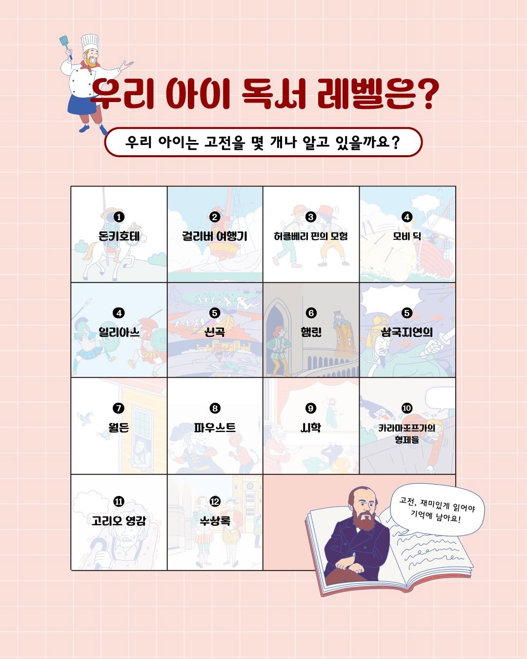 Photo by 책읽는곰 on April 22, 2026. May be an illustration of ‎calendar, poster and ‎text that says '‎우리 아이 독서 레벨은? 우리 아이는 고전을 몇 개나 알고 있을까요? 돈키호테 걸리버 여행기 허클베리 핀의 허글베리편의모험 모험 모비 덕 일리아스 6 행릿 5 .국지연의 월든 8 8 파우스트 9 시학 카라마포프가의 형제등 မင်ို်မ် 고리오 영감 나냥록 고전, 재미있게 고전,재미있게읽어야 읽어야 기억에 남아요! محمم‎'‎‎.