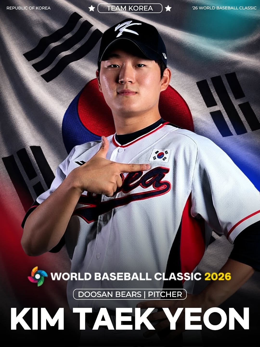 Photo shared by Bears Cardnews on February 18, 2026 tagging @taekyeon_63. May be an image of baseball, poster, stadium and text that says 'REPUBLIC REPUBLICOFKOREA OF KOREA TEAM TEAMKOREA KOREA 26WORLDBASEBALLCLASSIC '26 WORLD BASEBALL CLASSIC WORLD BASEBALL CLASSIC WORLDBASEBALLCLASSIC2026 2026 DOOSAN BEARS PITCHER KIM TAEK YEON'.