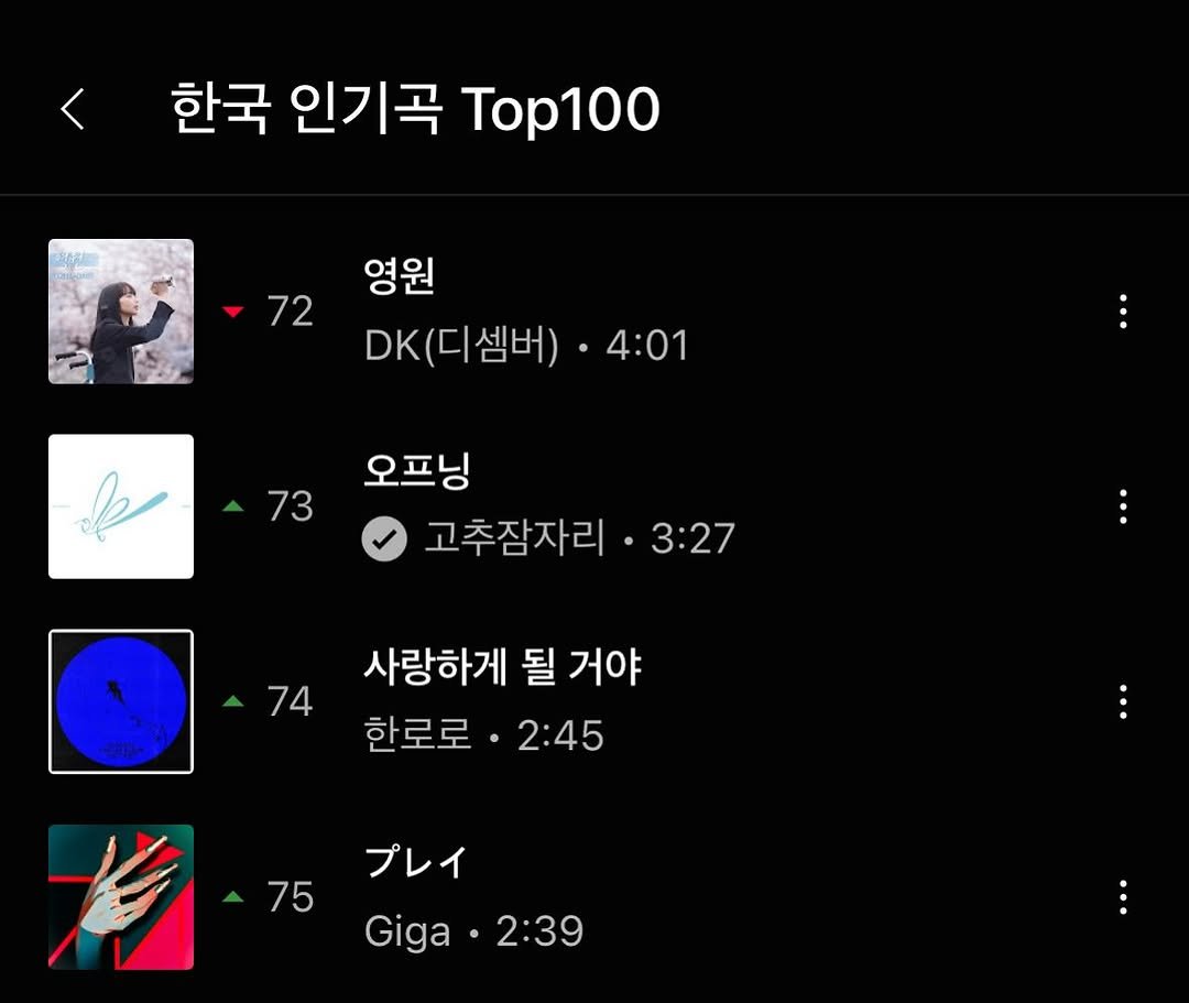 Photo by 뷰티풀너드 on September 03, 2025. May be an image of 1 person, top and text that says '한국 인기곡 Top100 영원 72 72 DK( DK(디셈버) 4:01 73 오프닝 고추잠자리 3:27 74 74 사랑하게 될 거야 한로로·2:45 2:45 한로로 75 プレイ Giga Giga•2:39 2:39'.