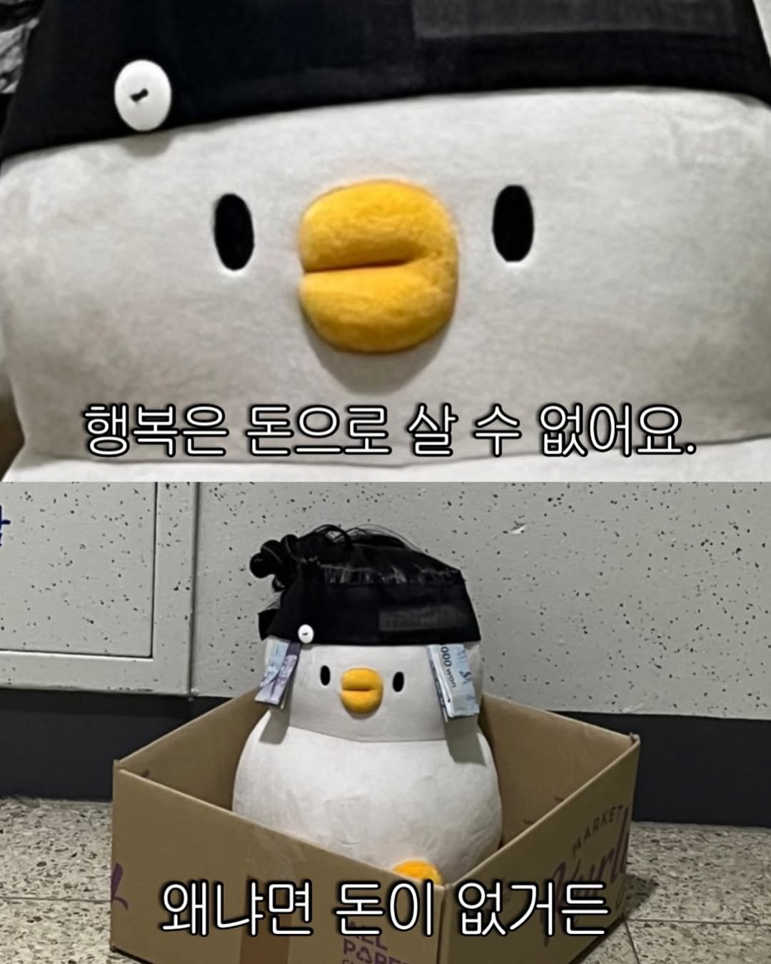 Photo by 베베 | 베베더오리 on September 21, 2025. May be an image of penguin, toy, hamper and text that says '행복은 돈으로 살 은돈으로살수없어요. 수 없어요. 000 000 200 - 5n 왜냐면 왜냐면돈이없거든 돈이 없거든'.