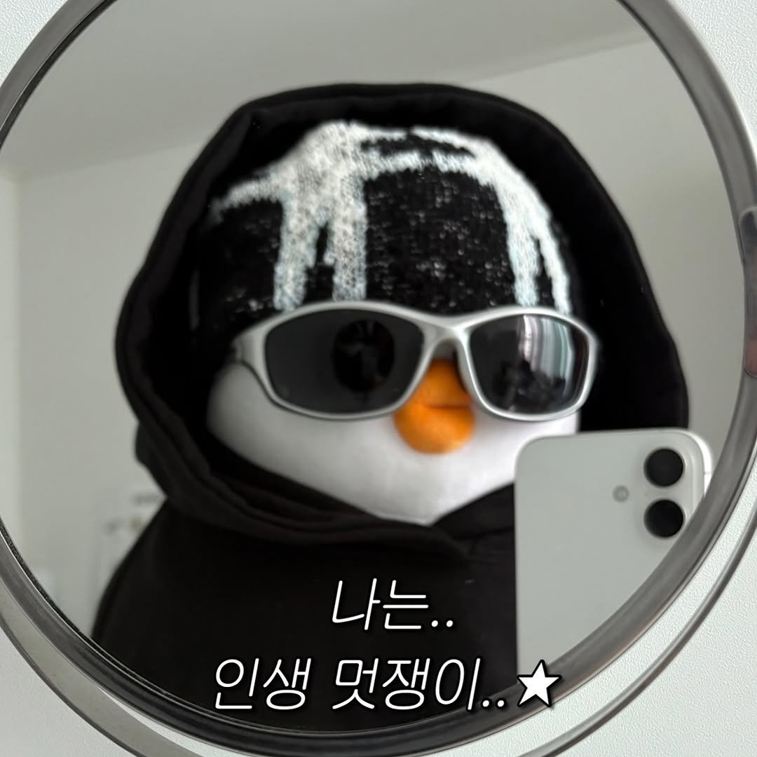 Photo by 베베 | 베베더오리 on October 13, 2025. May be an image of penguin, duffle coat, glasses, mirror and text that says '나는.. 인생 멋쟁이..'.