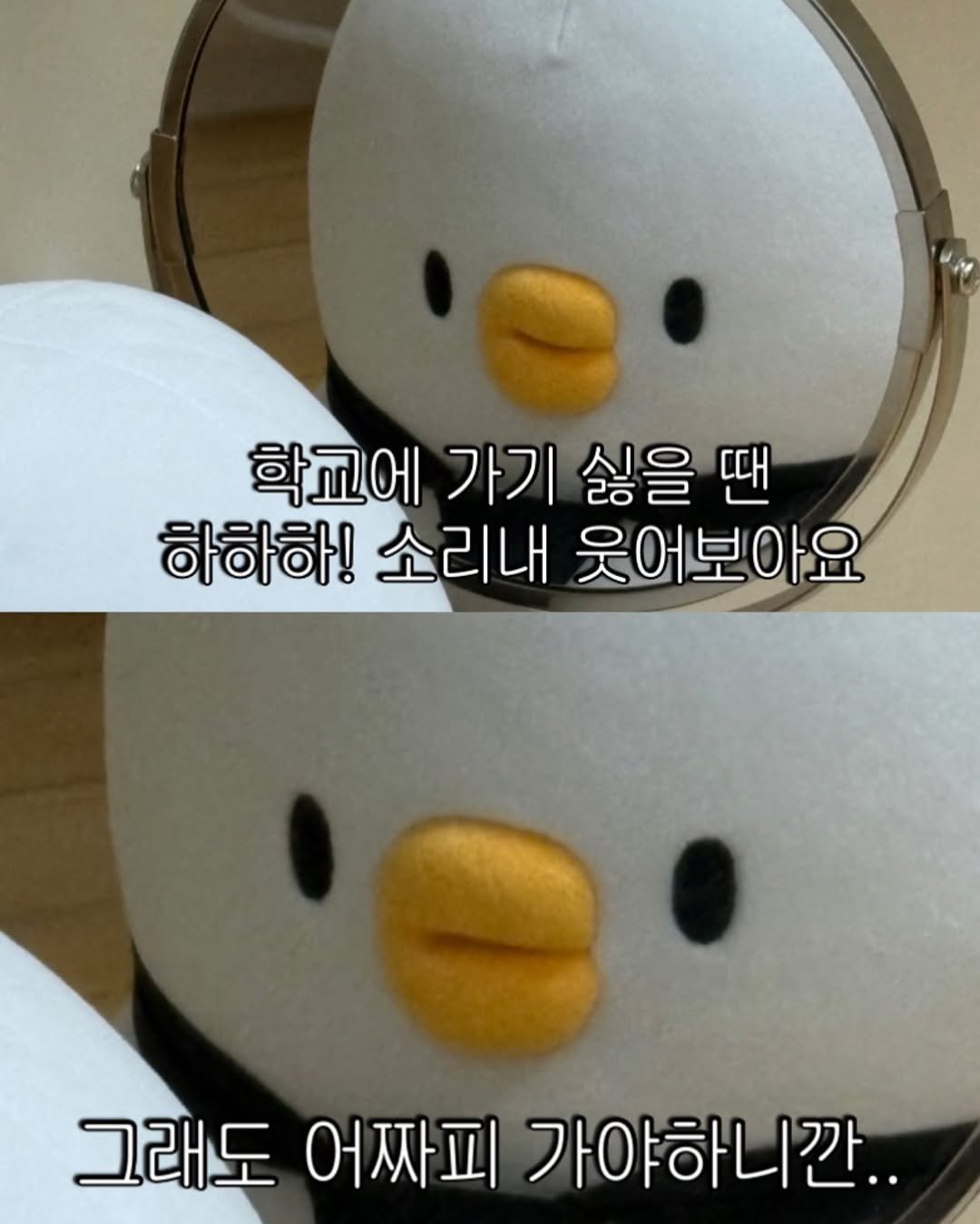 Photo by 베베 | 베베더오리 on September 02, 2025. May be an image of penguin and text that says '학교에 가기 싫을 땐 하하하! 소리내 웃어보아요 그래도 어짜피 가야하니깐.. 그래도어짜피가야하니간.. 니깐..'.