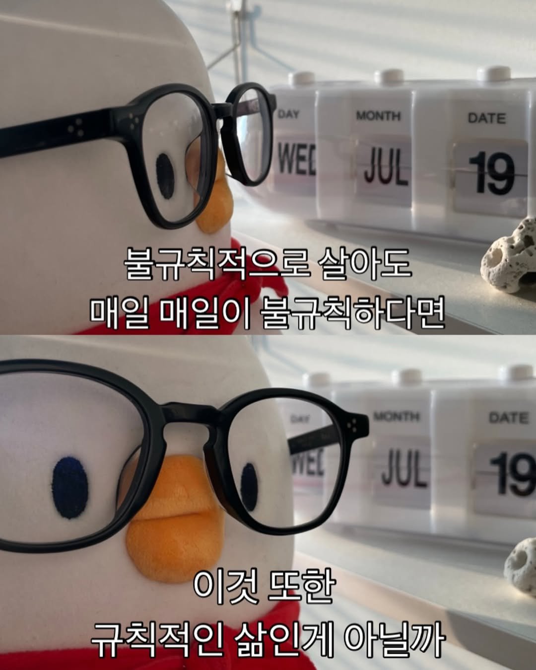 Photo by 베베 | 베베더오리 on July 17, 2025. May be an image of 1 person, penguin, eyeglasses, lego, calendar and text that says 'DAY WELJUL JUL 불규칙적으로 살아도 매일 매일이 불규칙하다면 불규 MONTH JUL 이것 또한 규칙적인 삶인게 아닐까'.