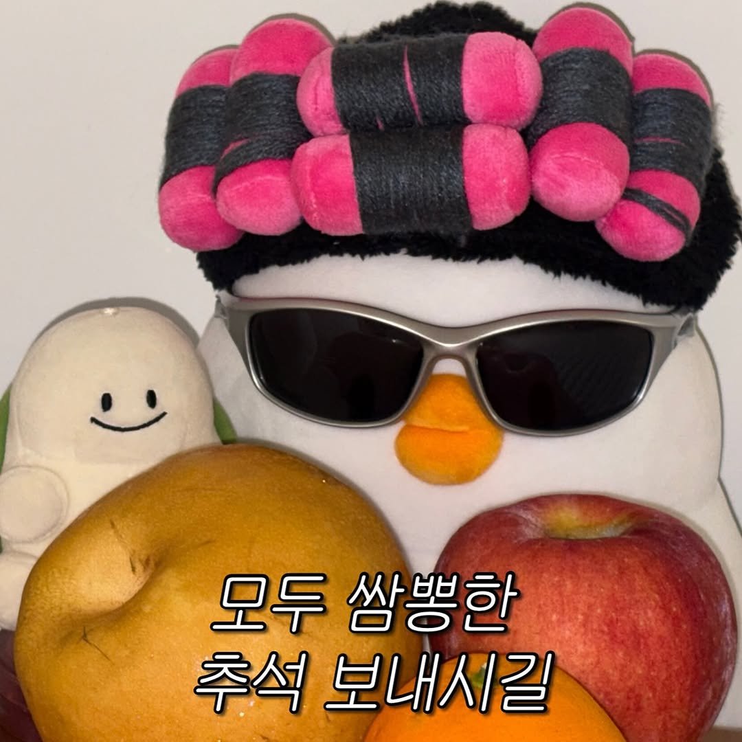 Photo by 베베 | 베베더오리 on October 05, 2025. May be an image of penguin, apple, mango, pomelo, pear, pomegranate and text that says '모두 쌈뽕한 추석 보내시길'.