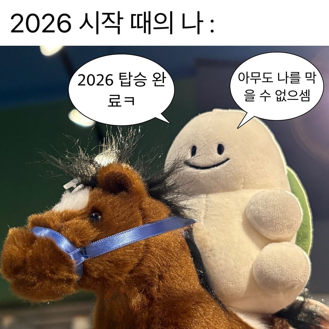 Photo by 베베 | 베베더오리 on January 22, 2026. May be an image of toy and text that says '2026 시작 때의 나: 2026 탑승 2026탑승완 완 료ㅋ 아무도 나를 아무도나를막 막 을 수 없으셈'.