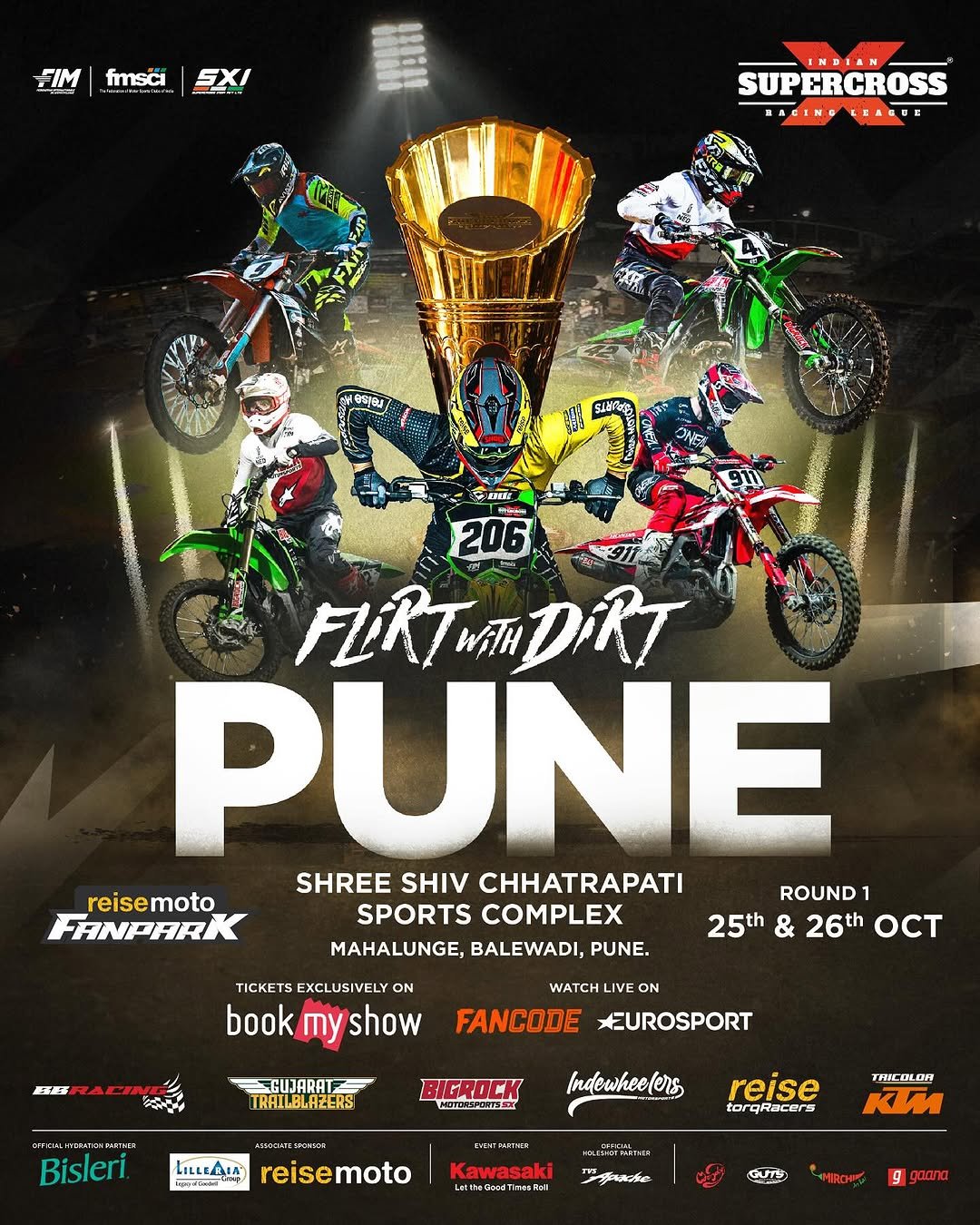Photo by Salman Khan on October 21, 2025. May be an image of ‎racing vehicles, dirt bike, all-terain vehicle, motorcycle, poster, helmet, magazine and ‎text that says '‎FIM frsc กานากัน SXI xPTaR SUPERCROSS SUP AIING CALIASTE E 米智印泉 อ 206 FLRTunDIRT FLRT DIRT PUNE reisemoto reise moto SHREE SHIV CHHATRAPATI ROUND1 1 FANPARK SPORTS COMPLEX 25th & 26th OCT MAHALUNGE, BALEWADI, PUNE. TICKETS EXCLUSIVELY ON book Ty show show BE WATCHLIVE ON FANCODE EUROSPORT ESGUJARATZ TRAILBLAZERS KиTHa4 Bisleri. BIGROCK תבסות LILLEIIA reisemoto Indewheeters ាន reise tarqRacers tor Kawasaki YRICOLIN K م اسه g γαAπ‎'‎‎.