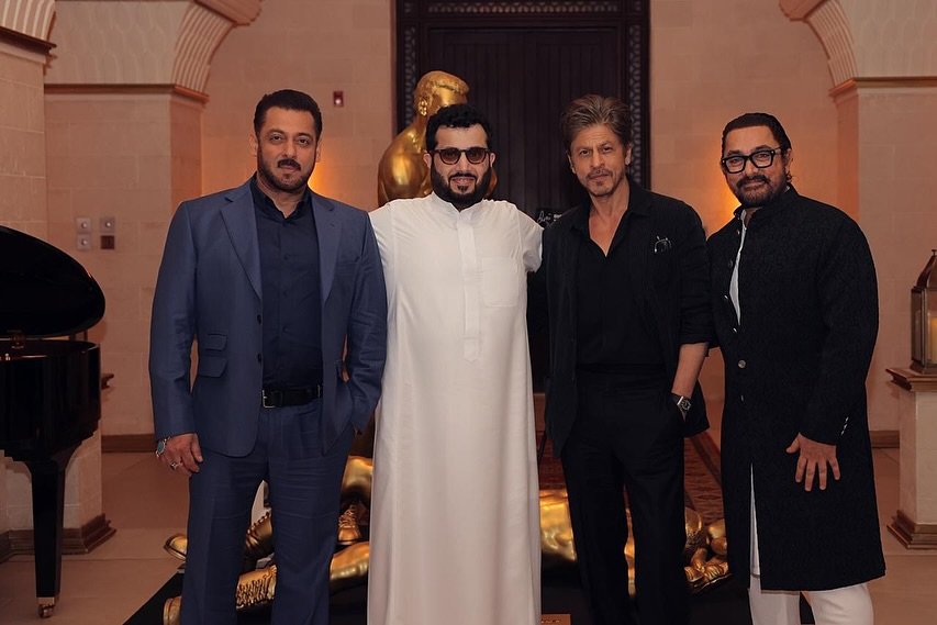 Photo shared by TURKI ALALSHIKH تركي آل الشيخ on October 17, 2025 tagging @iamsrk, @beingsalmankhan, and @aamirkhanproductions. May be an image of one or more people, beard, dinner jacket and text.