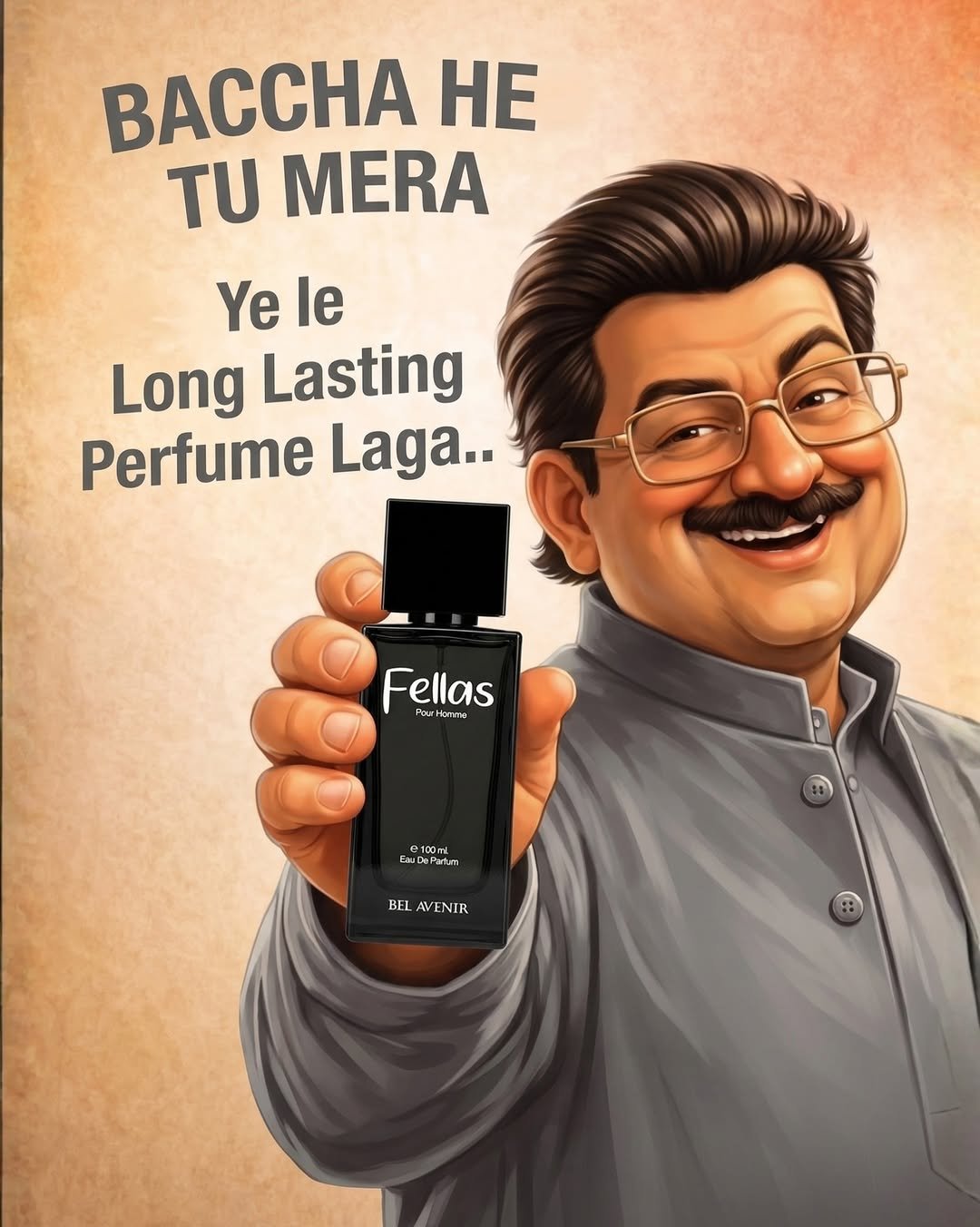 Photo by Bel Avenir - Perfumes on March 27, 2026. May be an image of fragrance, perfume and text that says 'BACCHA HE TU MERA Ye Yele le Long Lasting Perfume Laga.. Fellas 500ml Eai ExyDeParkurr Parkum สขกัน BFL BELAVENIR AB AVENIR BELAVENIR WE'.