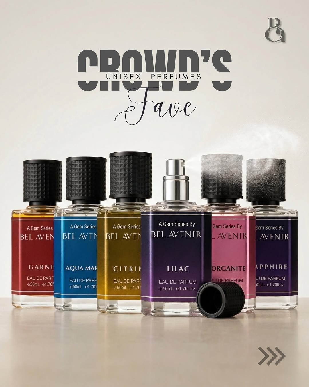 Photo by Bel Avenir - Perfumes on April 16, 2026. May be an image of fragrance, bottle, perfume and text that says '& MRNWN'C UNISEX PERFUMES Jave ave Gem eries BEL AVEN AGemSeries Gem Series BEL AVEN AGem Ser AVEN BEI AGem AGemSeriesBy Series By BEL AVENIR Gem Series By AVENIR GARNE Gem erie VENIR AQUA AQUAMA MAR EALDEPARF PARF e50ml. 70F CITRIP EAU DE PARF c50ml. 1.700 LILAC EAUD e50ml PAR: 70 DE PAR UM 8.50ml. 1.701l. OZ ORGANITE EPARFUM APPHIRE PARFUM >>>'.