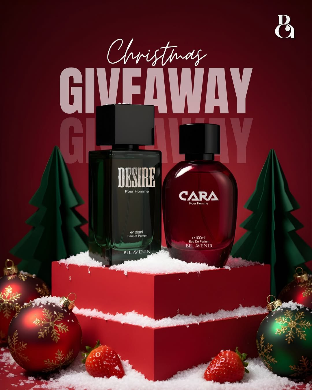 Photo by Bel Avenir - Perfumes on December 26, 2025. May be an image of fragrance, perfume and text that says '8 Christhas GIVFAWAY DESIRE Pour Homme CARA Pour EFHTIITA HMmH e100ml 100ml BEI AVENIR BEL ENIR'.