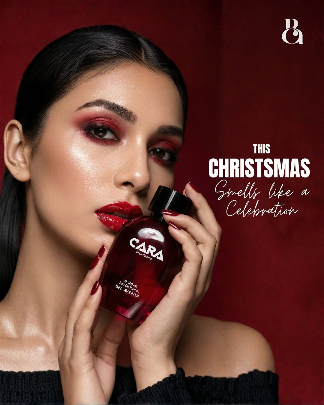 Photo by Bel Avenir - Perfumes on December 21, 2025. May be an image of one or more people, makeup, fragrance, cosmetics, perfume and text that says 'a W THIS CHRISTSMAS Stells like a Celebration CARA PenKoB LM C BEL D Dasire M AVENIR PNSNT 100税'.