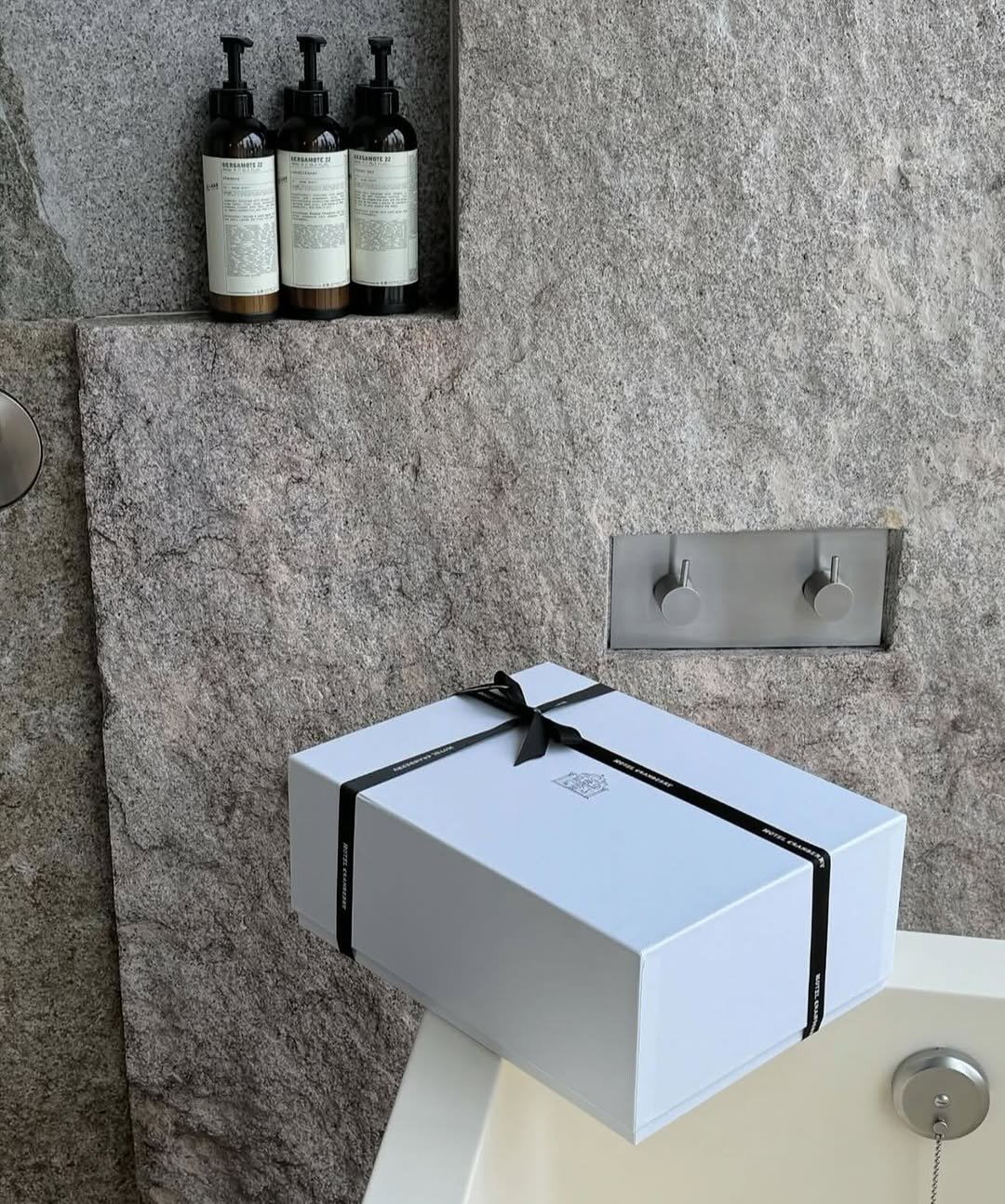 Photo by BELLELEAH on September 22, 2025. May be an image of hair product, fragrance, towel rack, sink, box, carton, hamper, bar soap, soap, hand cream and text.