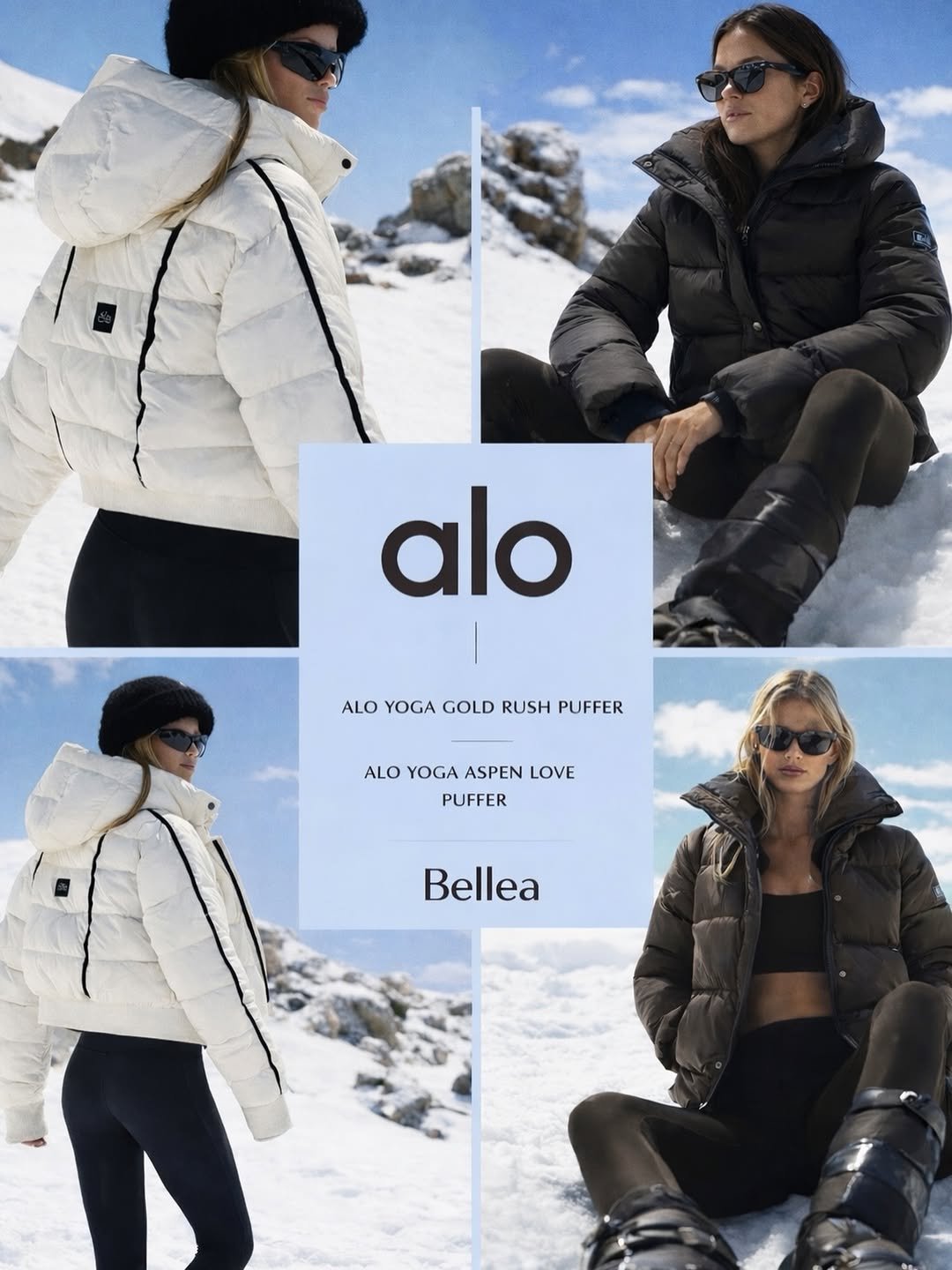Photo by 설아 벨르아 on February 16, 2026. May be an image of goosedown coat, fur coat, parka, snowsuit, jacket and text that says 'alo ALOYOGAGOLDRUSHPUFFER ALO YOGA GOLD RUSH PUFFER ALO ALOYOGAASPENLOVE YOGA ASPEN LOVE PUFFER Bellea'.