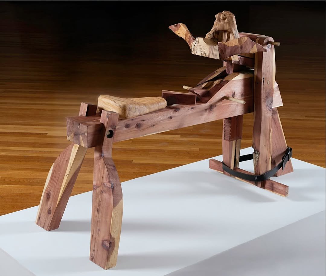 Photo shared by Below Grand Gallery on April 23, 2026 tagging @davisarney, @andrewross_info, and @bradleympaintings. May be an image of sculpture, hand tool, rocking chair and text.