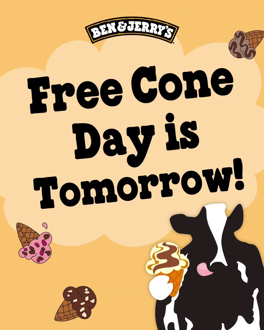 Photo by 벤앤제리스 Ben&Jerry’s Korea on April 12, 2026. May be an image of ice cream and text that says 'BEN BEN&JERRY'S Free Cone Day is Tomorrow!'.