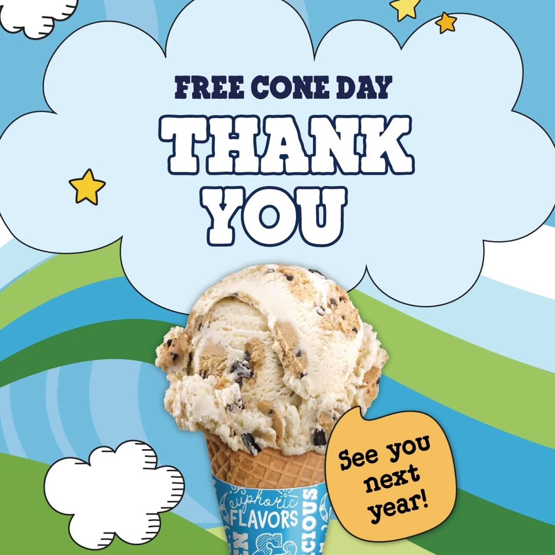 Photo by 벤앤제리스 Ben&Jerry’s Korea on April 15, 2026. May be an image of ‎ice cream and ‎text that says '‎خی_ه FREECONEDAY FREE ONE DAY THANK YOU Seeyou See you next cuphoric FLAVORS LUOSS year! yBaT!‎'‎‎.