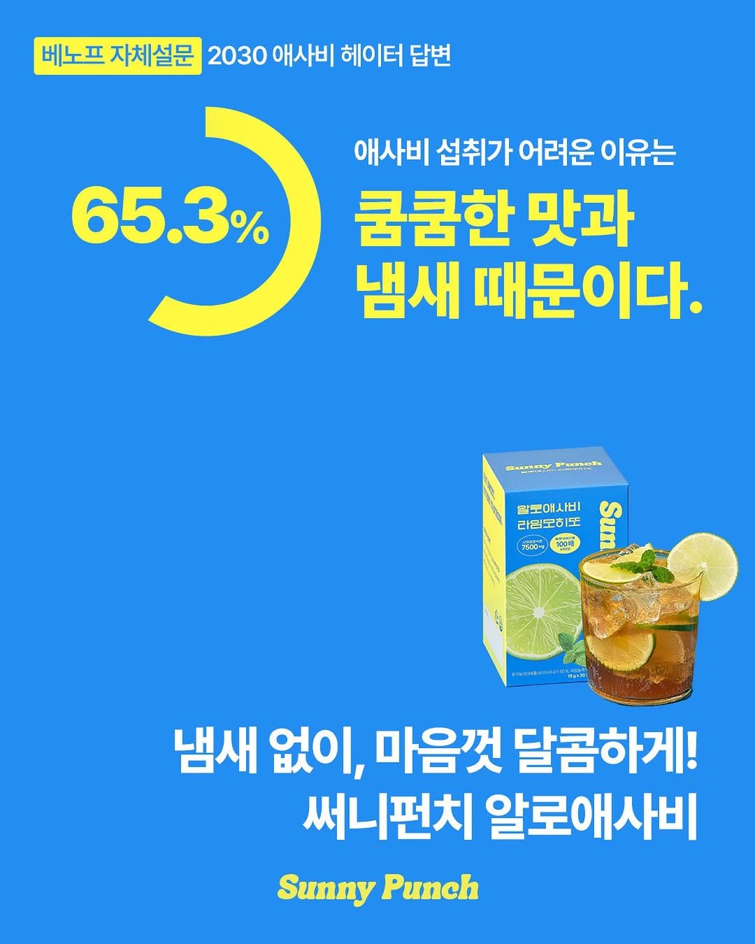 Photo by 베노프 on December 03, 2025. May be an image of medicine and text that says '베노프 자체설문 2030 애사비 헤이터 답변 65.3% 애사비 섭취가 어려운 이유는 굶륭한 맛과 냄새 때문이다. SHREY 알모에서비 പയසස් 王 라로에요 라임모히 5ាធ៍ 7500 냄새 없이, 마음껏 달콤하게! 써니펀치 알로애사비 Sunny Punch'.