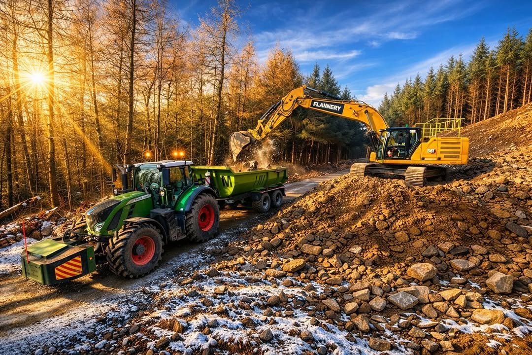 Photo shared by Ben Wade on February 17, 2026 tagging @bmforestandland, @flanneryplanthire, @mousey_012, and @tifftefer. May be an image of scraper, tractor and text that says 'FLANNERY 5010'.