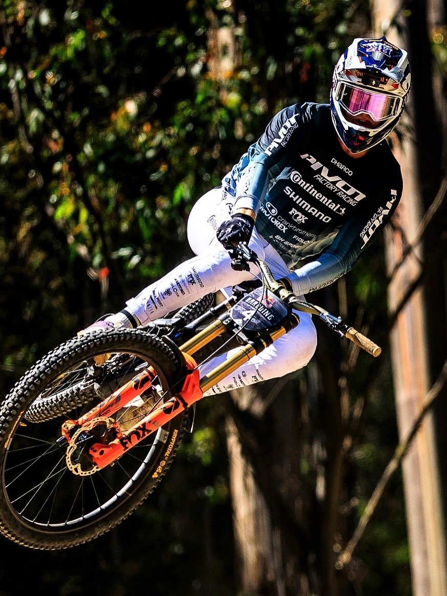 Photo shared by Bernard Kerr on February 07, 2026 tagging @pivotcycles, and @dharcoclothing. May be an image of racing vehicles and text.