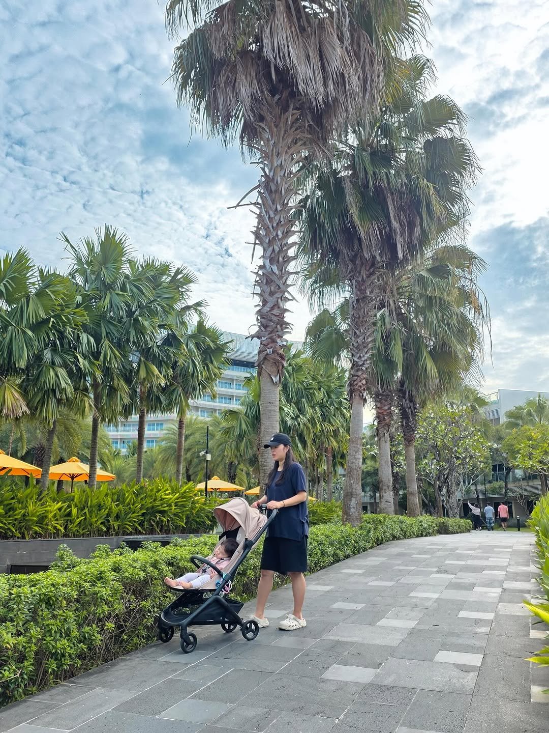 Photo by 김수현  딸기엄마🍓 on November 15, 2025. May be an image of baby, buggy, palm trees, park and text.