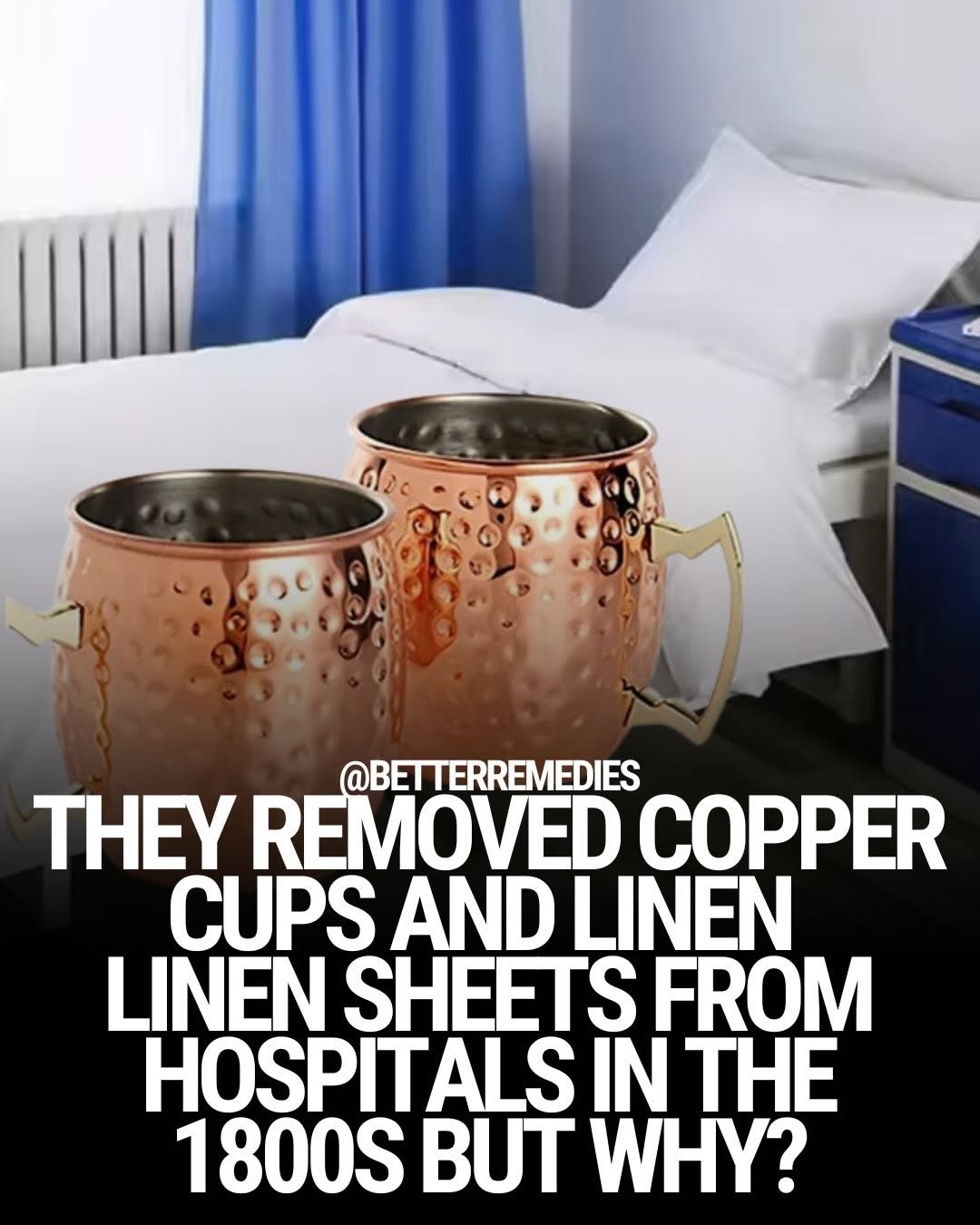 Photo shared by Natural Remedies on February 06, 2026 tagging @naturethecure. May be an image of kitchenware, copper and text that says 'คว @BETTERREMEDIES TEY REMOVED COPPER CUPS AND LINEN LINEN SHEETS FROM HOSPITALS IN THE 1800S BUT WHY?'.