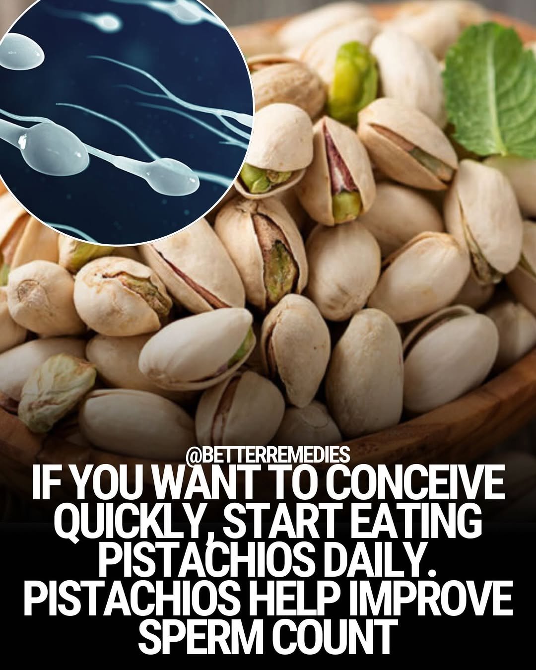 Photo by Natural Remedies in New York, New York. May be an image of text that says '@BETTERREMEDIES IF YOU WANT TO CONCEIVE QUICKLY, START EATING PISTACHIOS DAIL PISTACHIOS HELP IMPROVE SPERM COUNT'.