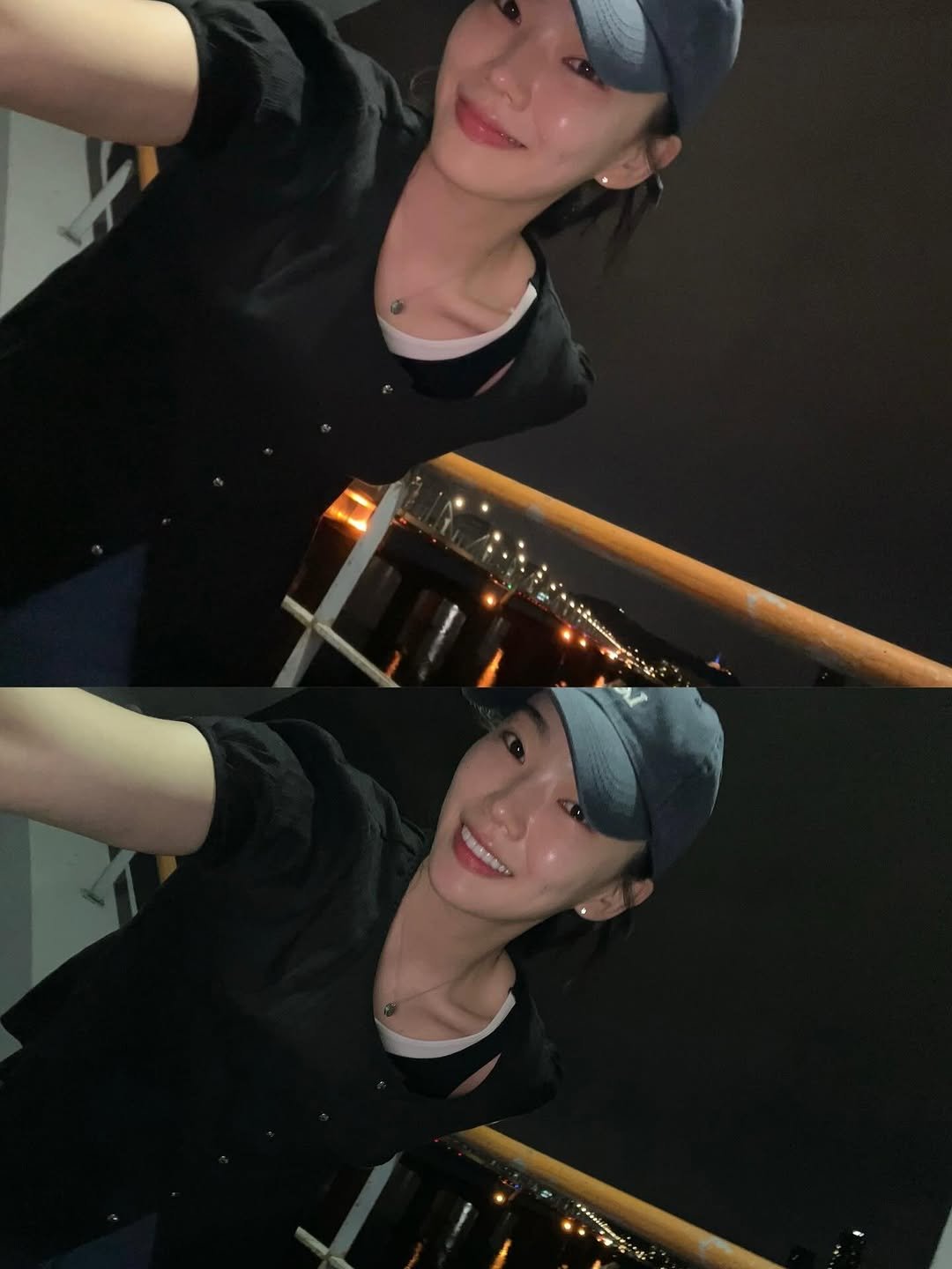 Photo shared by 방은정  BANG EUN JEONG on August 27, 2025 tagging @joorti_official. May be a selfie of 2 people, hat, top, night and text.