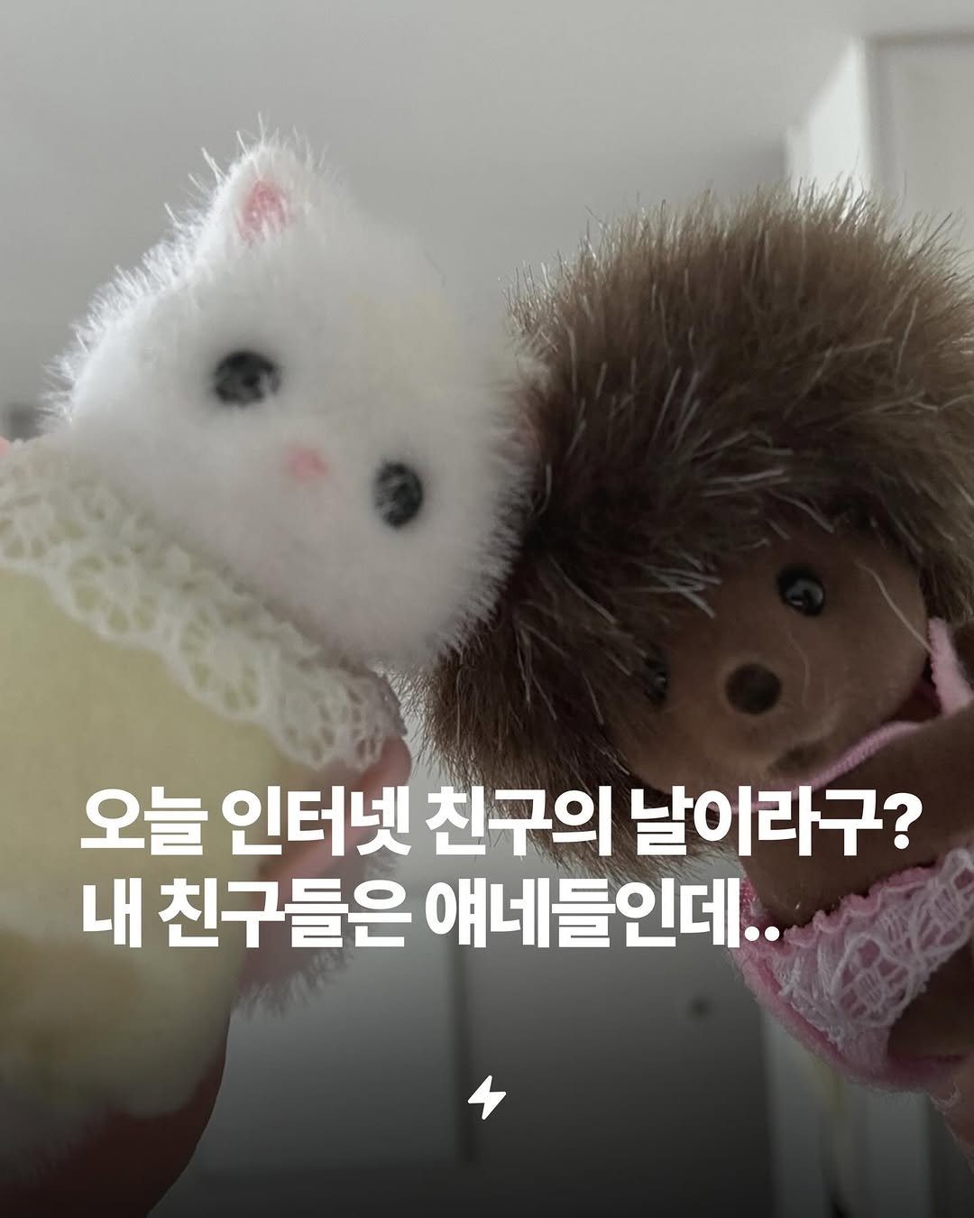 Photo by 번개장터 on February 12, 2026. May be an image of toy and text that says '오늘 인터넷 친구의 날이라구? 내 친구들은 얘네들인데..'.
