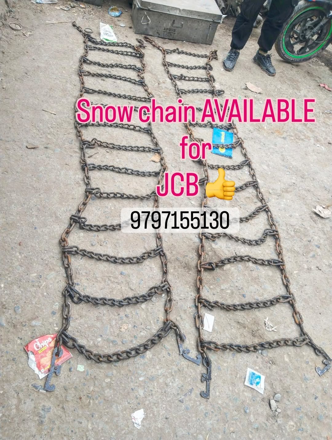 Photo by BhatEngineeringWorks on December 26, 2025. May be an image of text that says 'Snowchain Snow chain AVAILABLE for JCB 9797155130'.