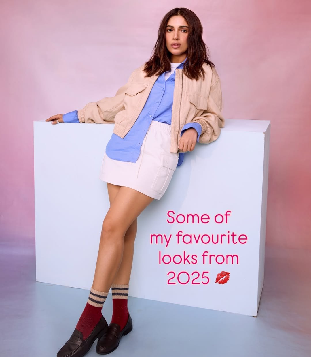 Photo by Bhumi Satish Pednekkar on December 26, 2025. May be an image of one or more people, makeup, people standing, miniskirt, sock, tights, blazer, turtleneck and text that says 'Some of of my favourite looks from 2025'.