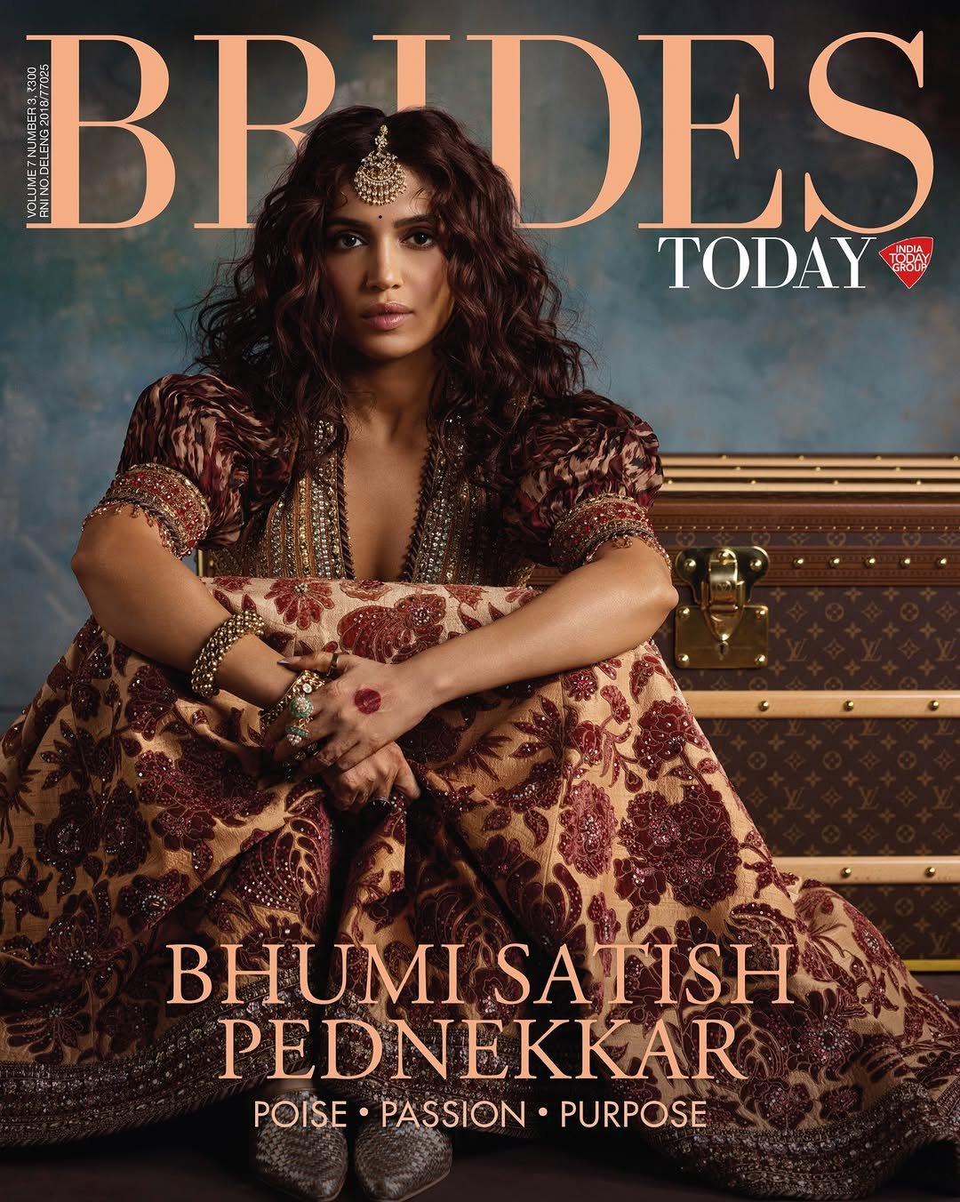 Photo shared by Brides Today on December 23, 2025 tagging @louisvuitton, @bhumisatishpednekkar, and @jjvalaya. May be an image of one or more people, makeup, magazine, dress, poster and text.