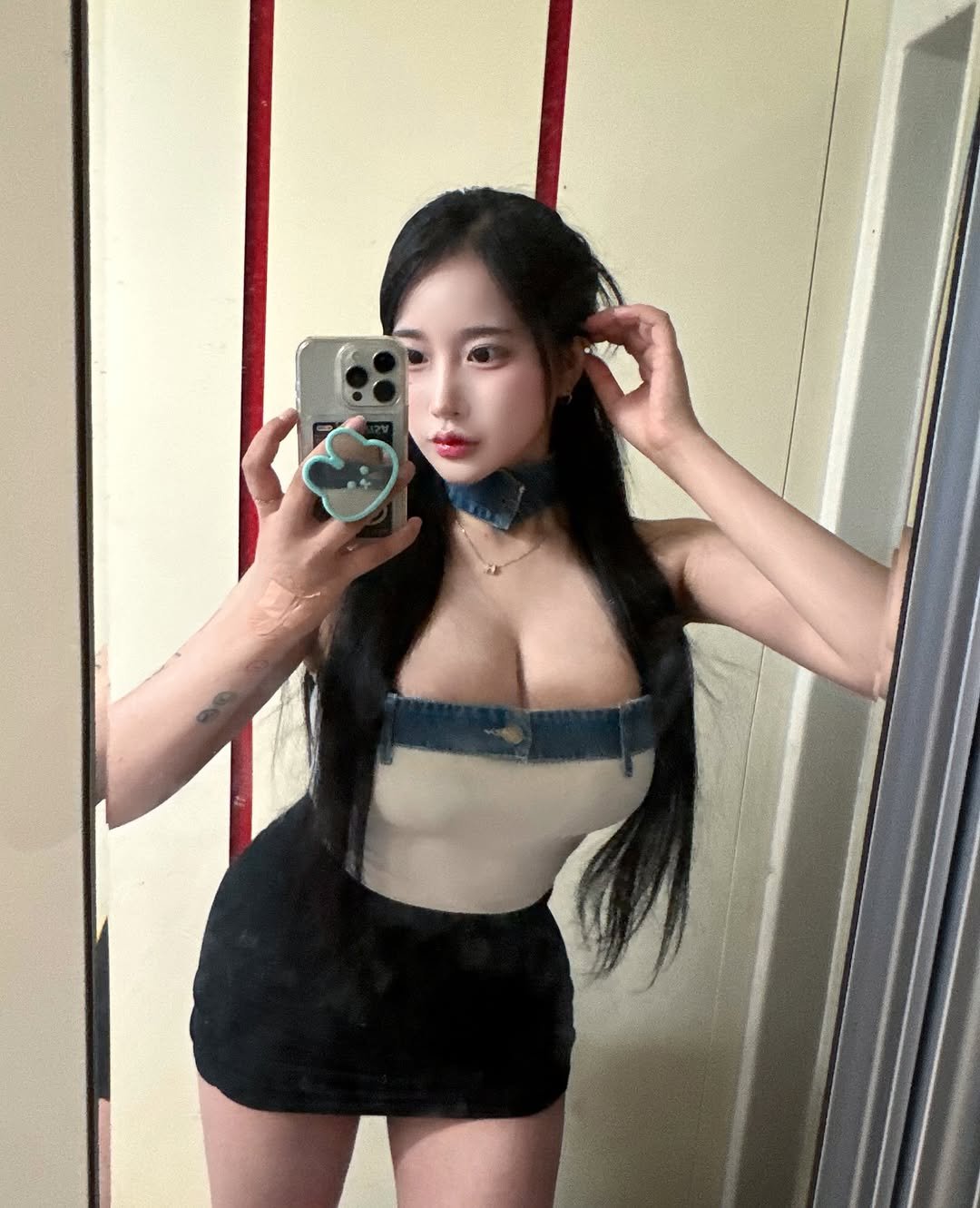 Photo by BIBI on June 10, 2025. May be a selfie of one or more people, hair, slip, miniskirt, bra and text.