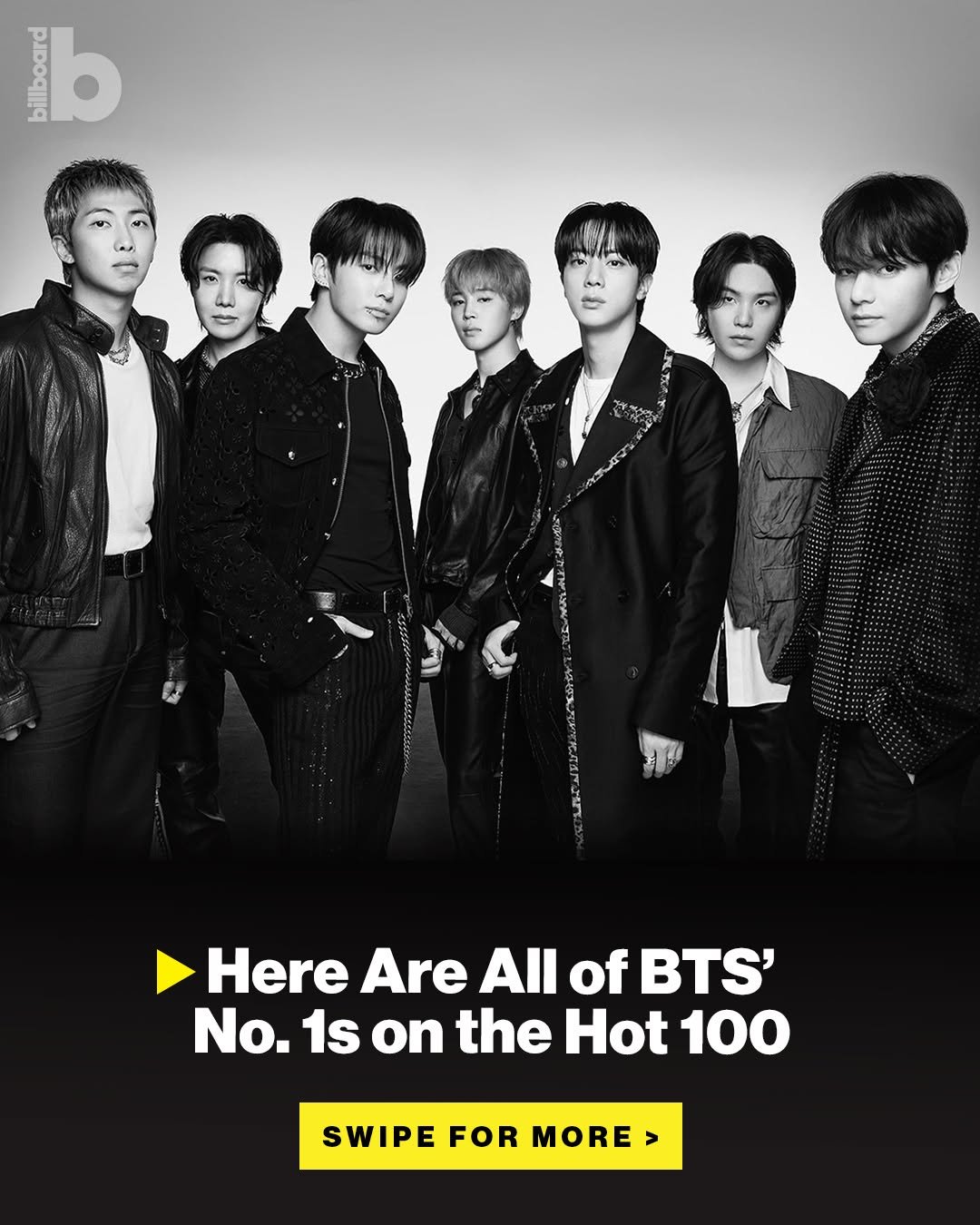 Photo by billboard on April 03, 2026. May be an image of one or more people, bangs, poster, magazine and text that says 'Pee b าน Here Are All of BTS' No. 1s on the Hot 100 SWIPE FOR MORE'.