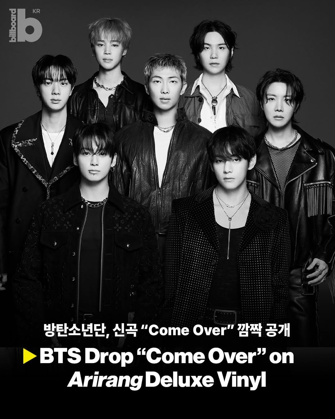 Photo shared by Billboard Korea on April 02, 2026 tagging @bts.bighitofficial. May be an image of one or more people, bangs, poster, magazine and text that says 'dog KR KR radiitd 방탄소년단, 신곡 "Come Over" 깜짝 공개 BTS Drop "Come Over" on Arirang Deluxe Vinyl'.